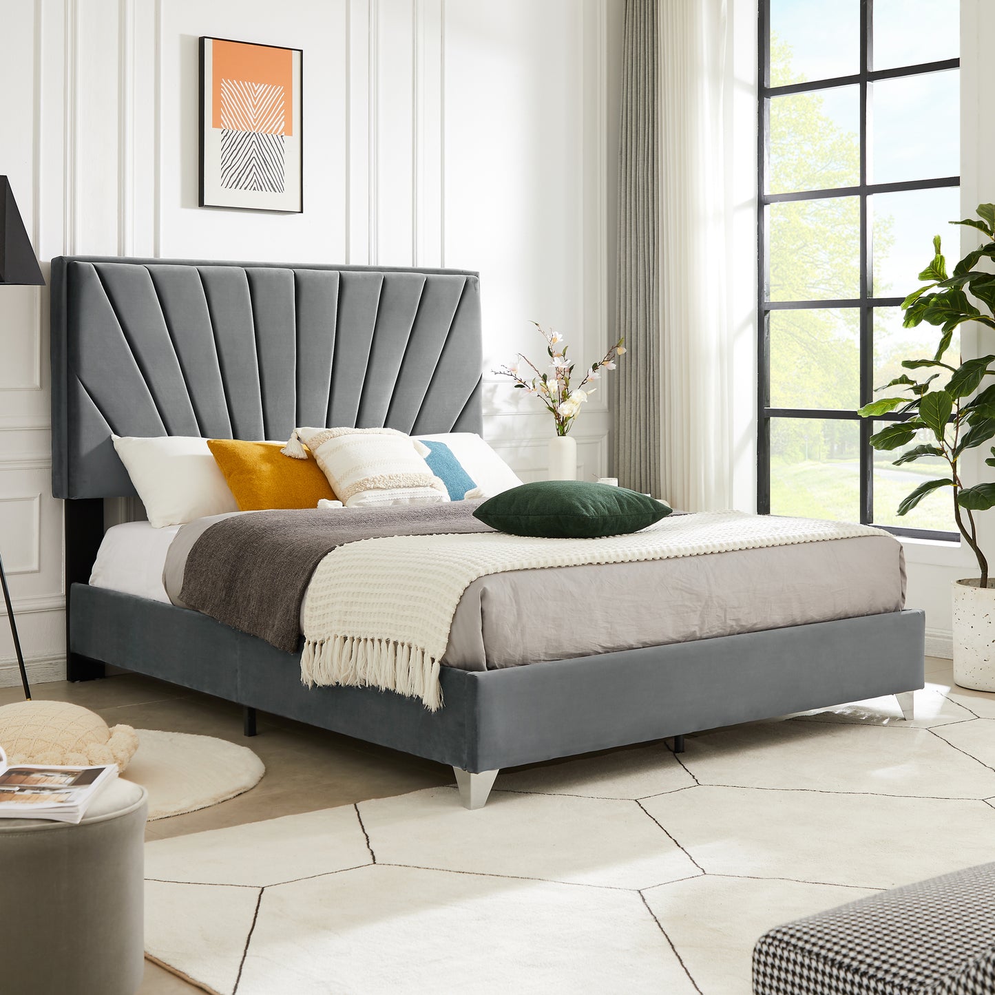 Colbalt Queen bed in Grey Upholstery