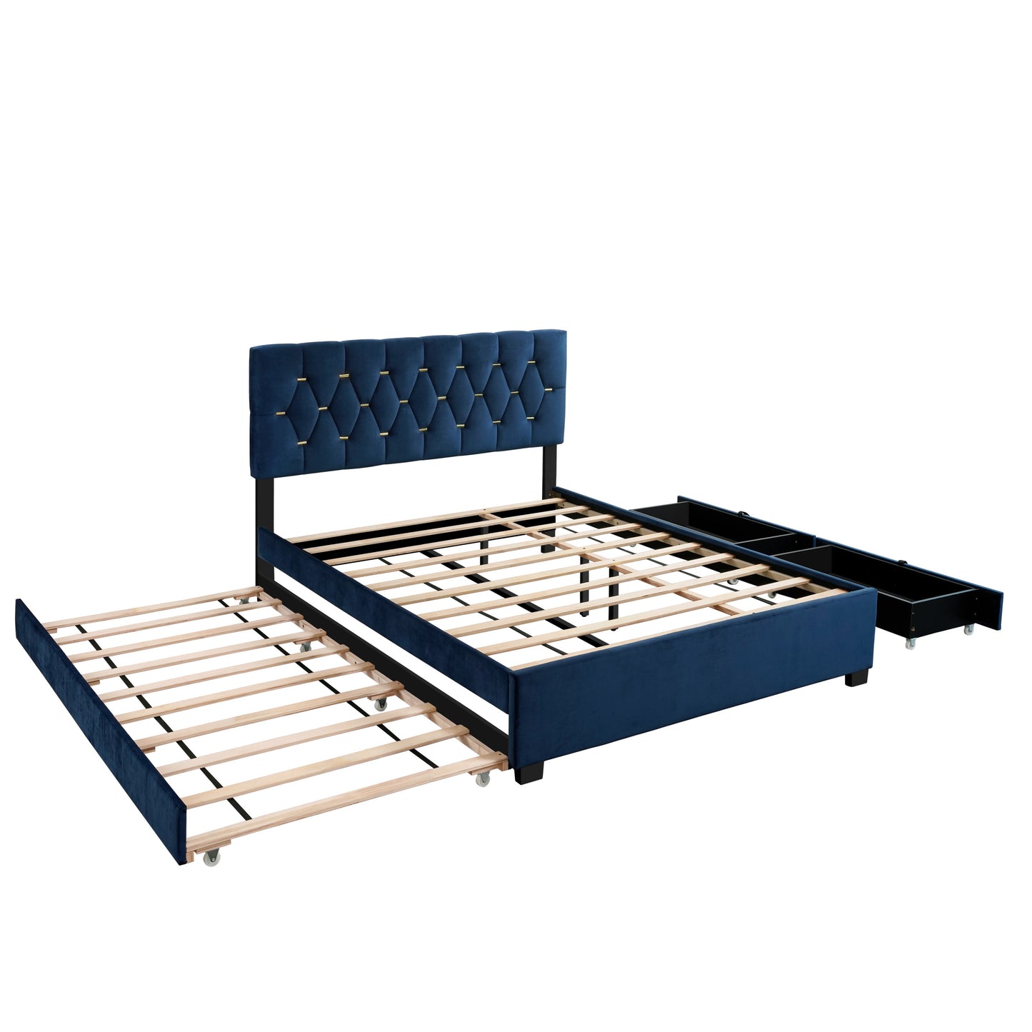 Gina Queen Bed with Trundle and Storage in Blue Fabric