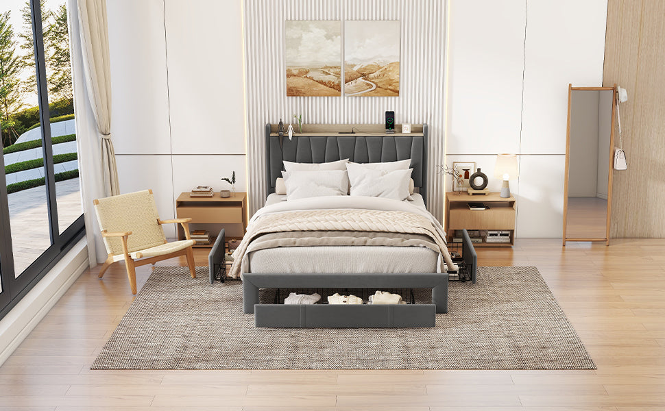Brinxton Queen Size Bed Frame with Storage Headboard and Charging Station