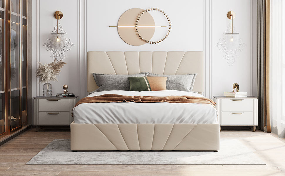 Queen size Upholstered Platform bed with a Hydraulic Storage System in Beige
