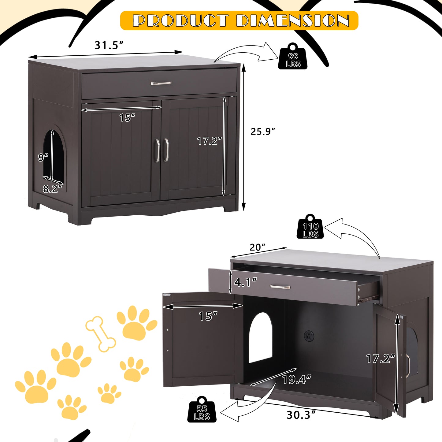 Cutie Litter Box Enclosure, Cat Litter Box Furniture with Hidden Plug,
