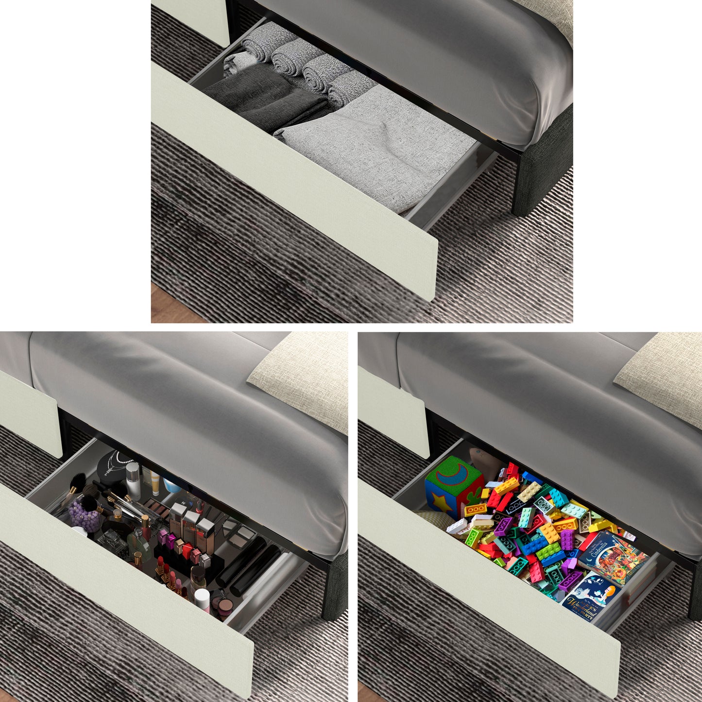 Vera Queen Ivory Velvet Upholstered Platform Bed  w/ Storage