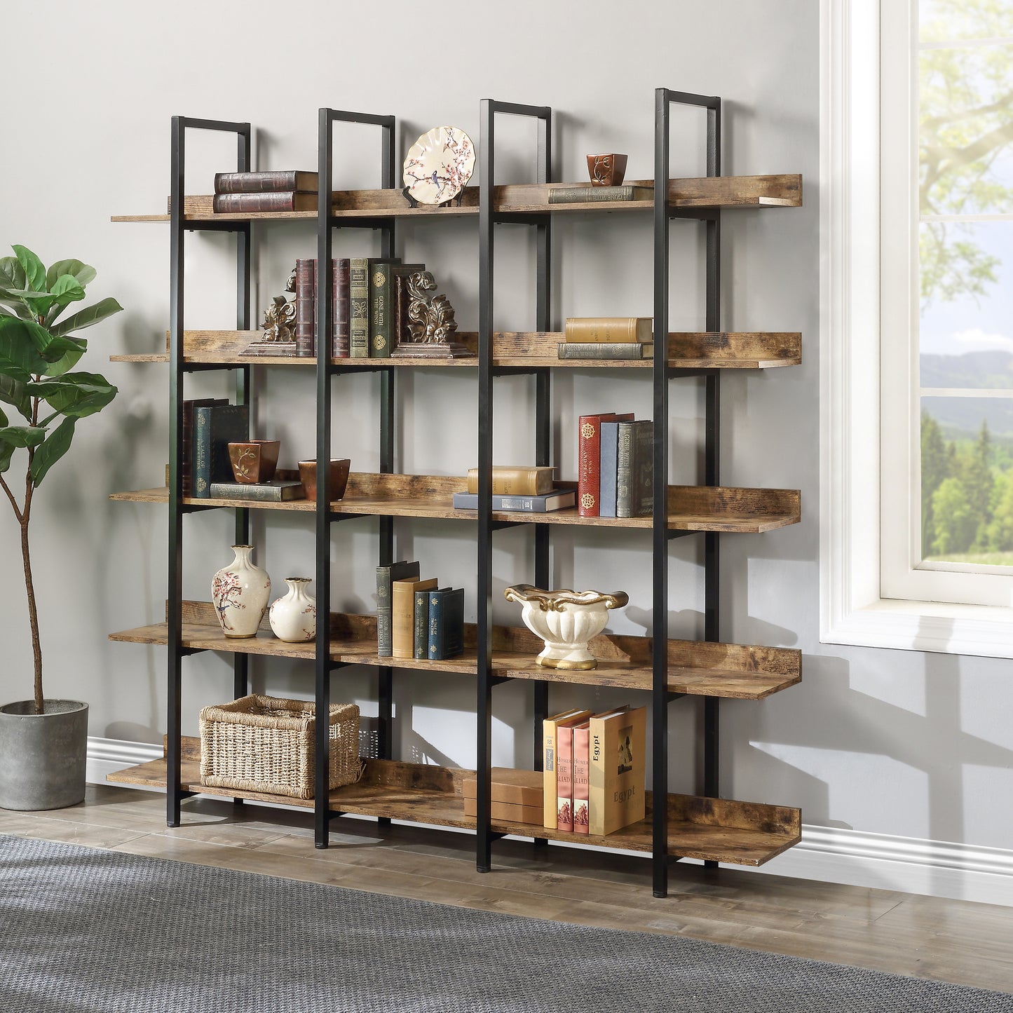 Vintage Industrial 5-Tier Bookcase in Brown Finish