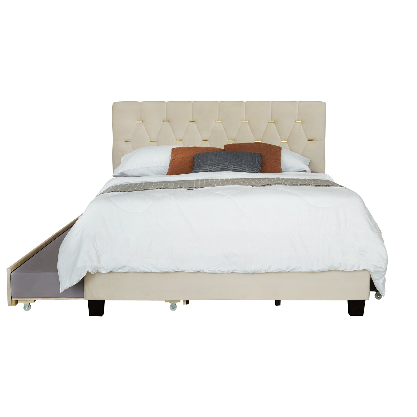 Gina Queen Bed w/ Pullout Trundle and Storage in Beige