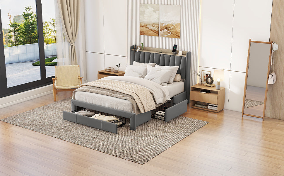 Brinxton Queen Size Bed Frame with Storage Headboard and Charging Station