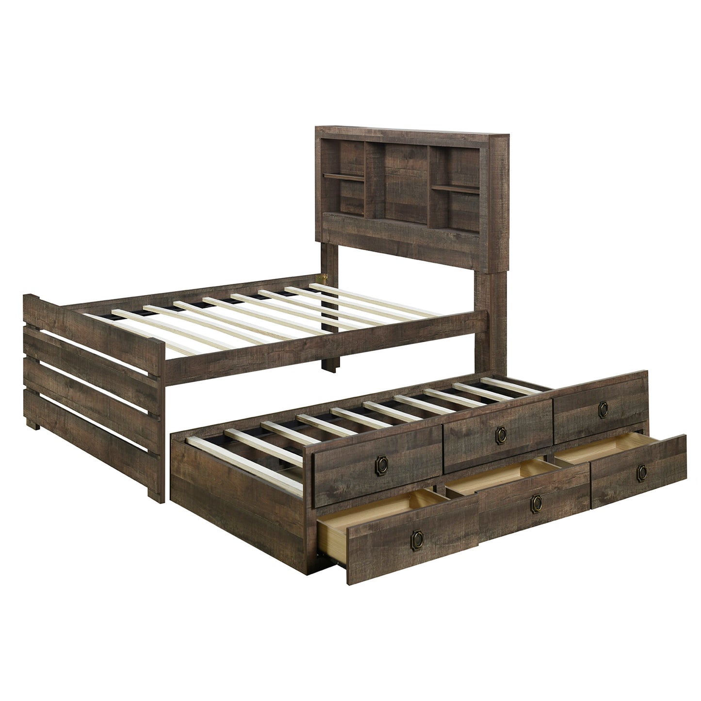 Jordan Farmhouse Style Twin Size Bookcase Captain Bed and Nightstand in Rustic Brown