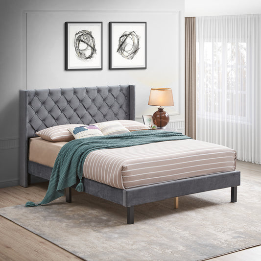 Odessa Velvet Button Tufted Queen Upholstered Bed in Grey Fabric
