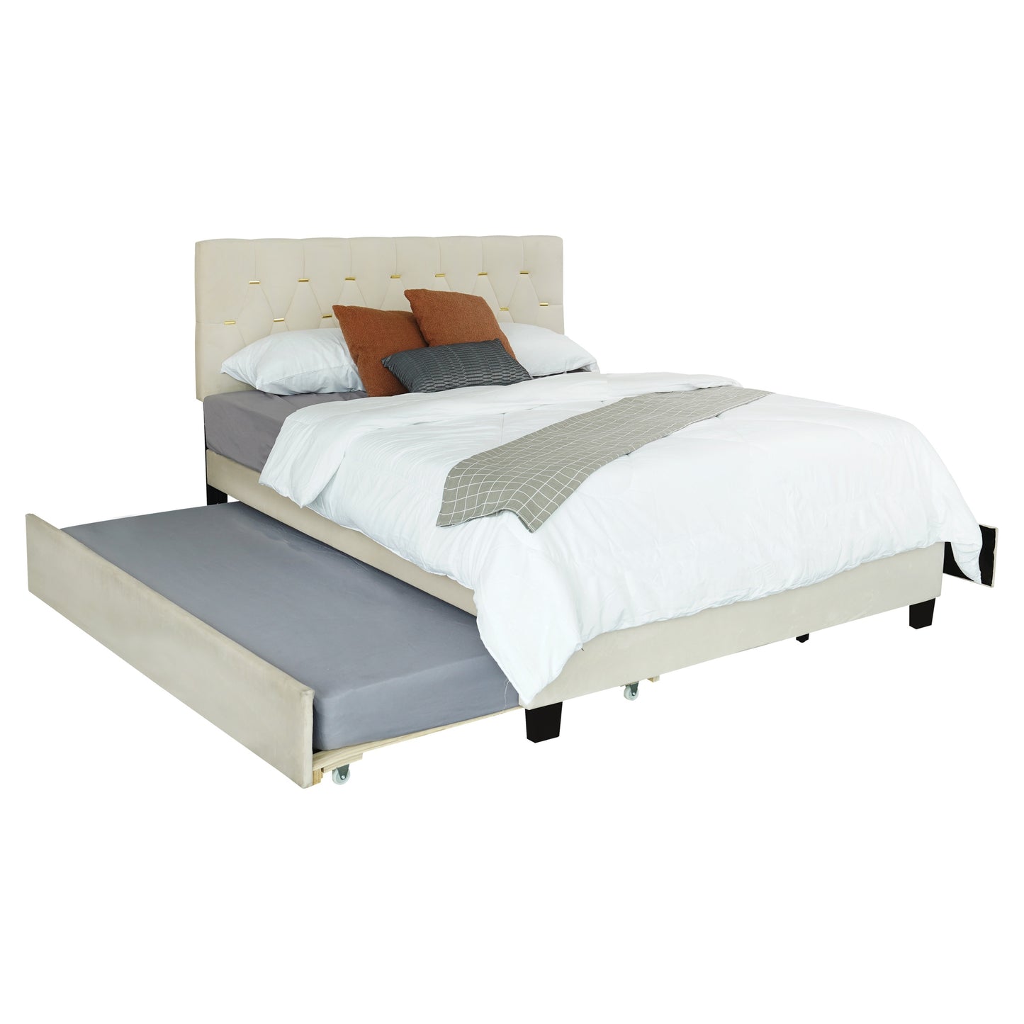 Gina Queen Bed w/ Pullout Trundle and Storage in Beige