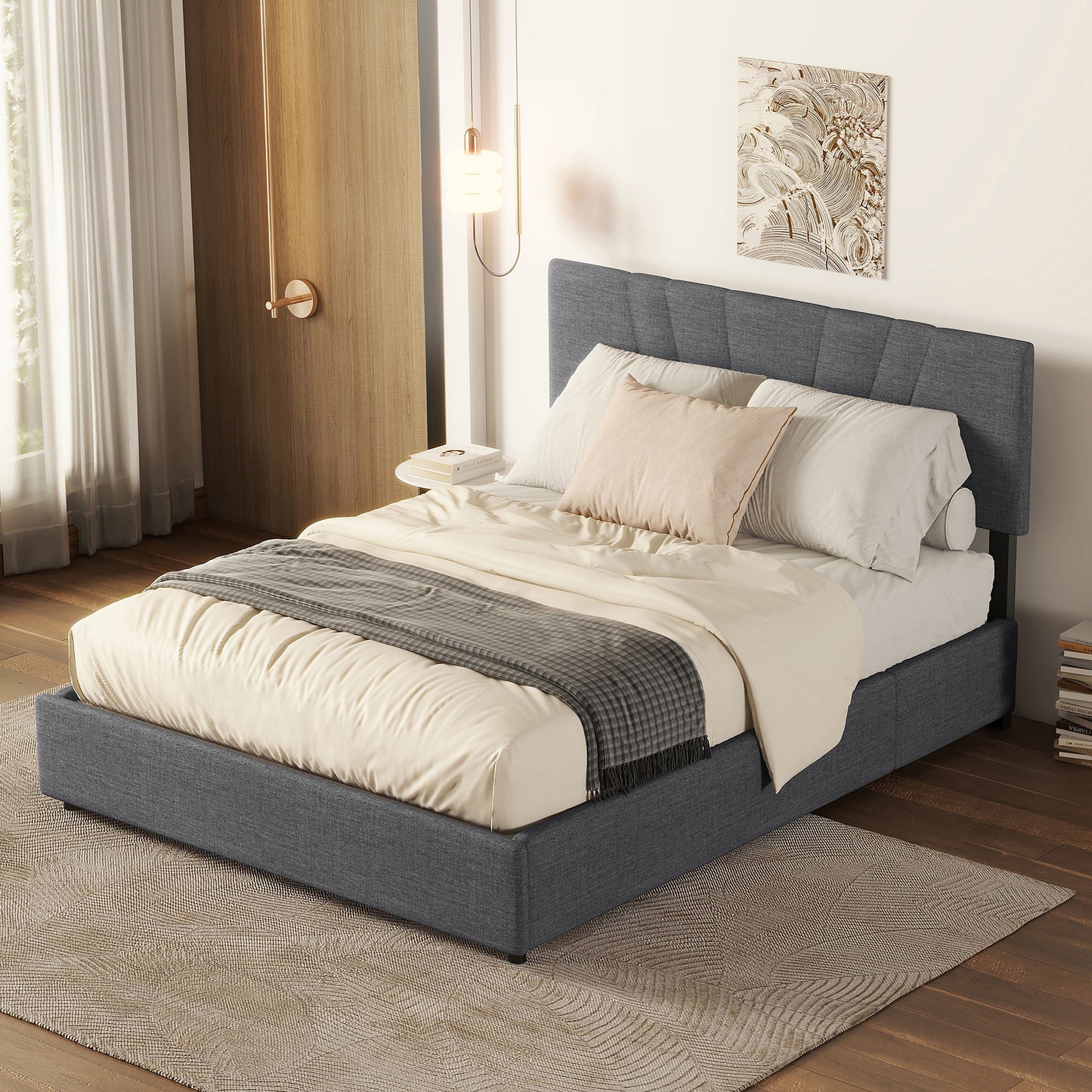 Full Upholstered Platform Bed with Lifting Storage in Grey Linen