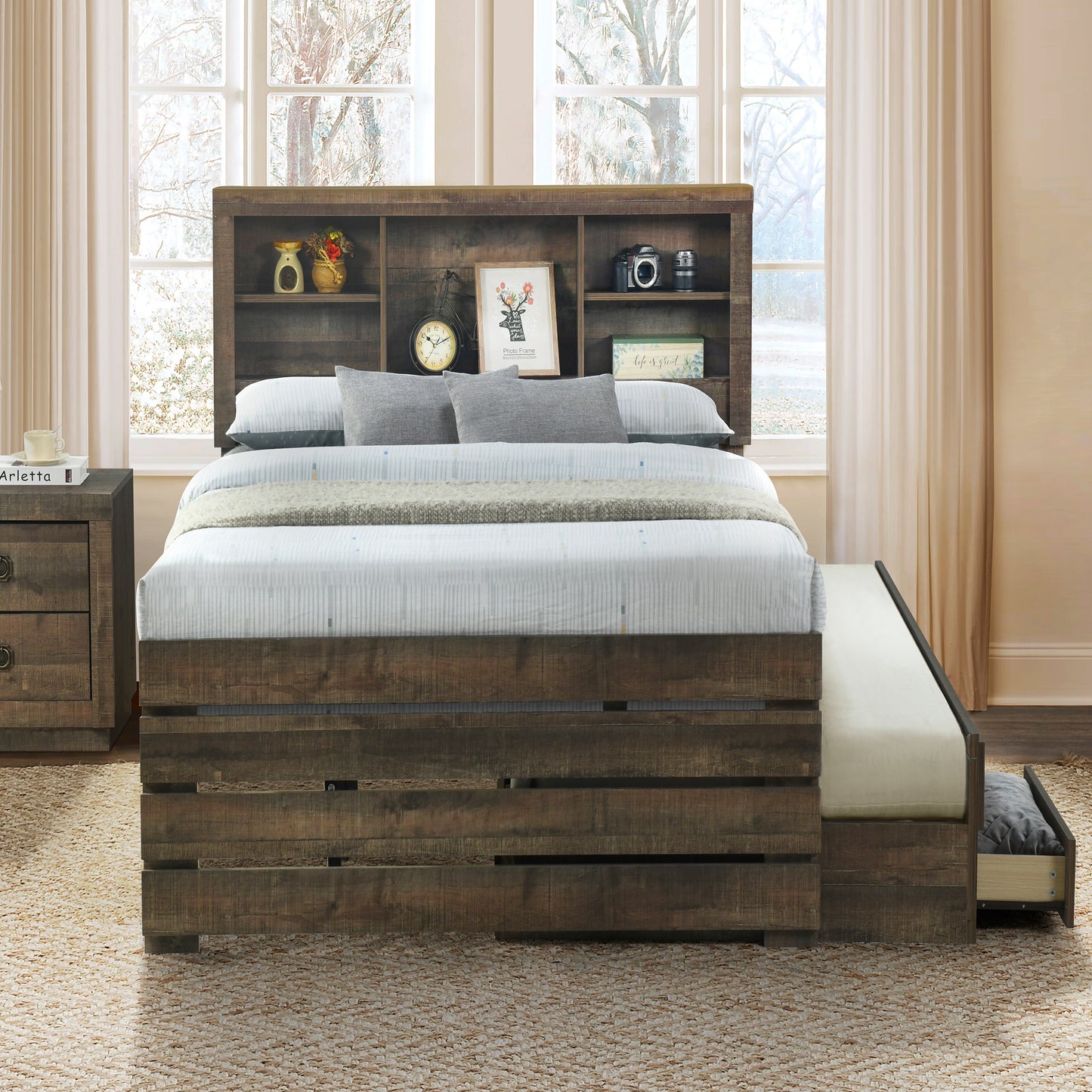Jordan Farmhouse Style Twin Size Bookcase Captain Bed and Nightstand in Rustic Brown