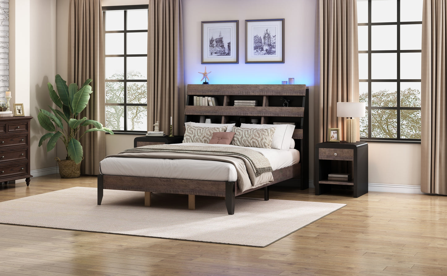 Mid Century Modern Style Queen Bed Frame with Bookshelf and LED Lights and USB Port and Two Nightstands, Walnut and Black