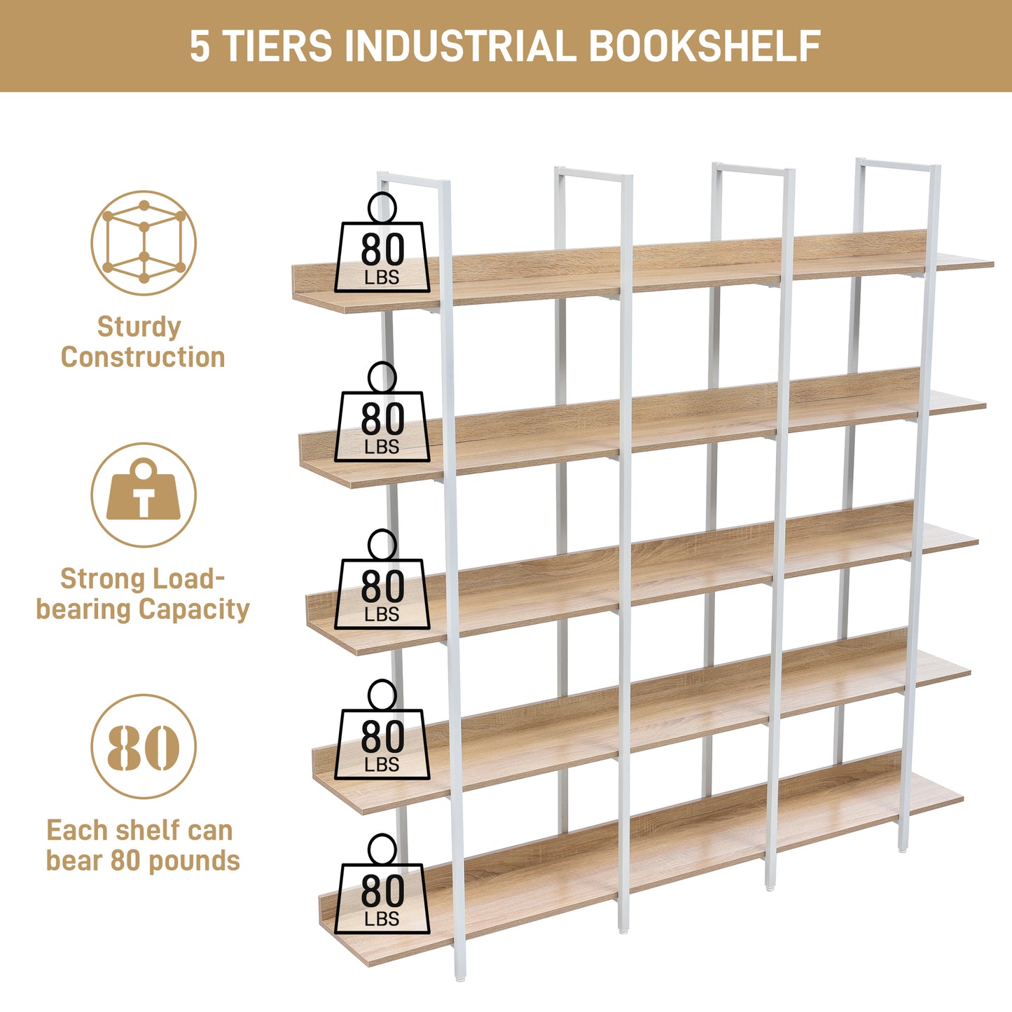 Vintage Industrial 5-Tier Bookcase in white Metal
