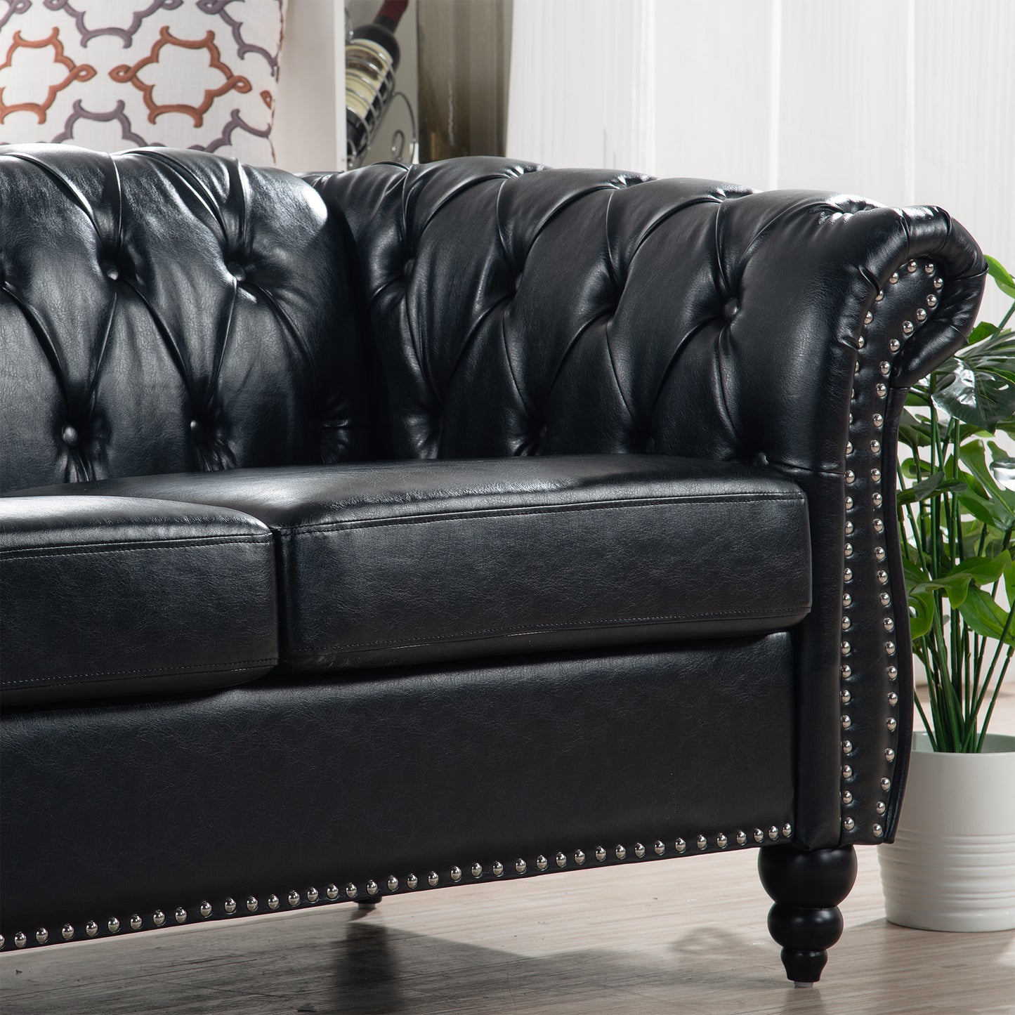 Chesterfield Three Seater Sofa in Black Leather