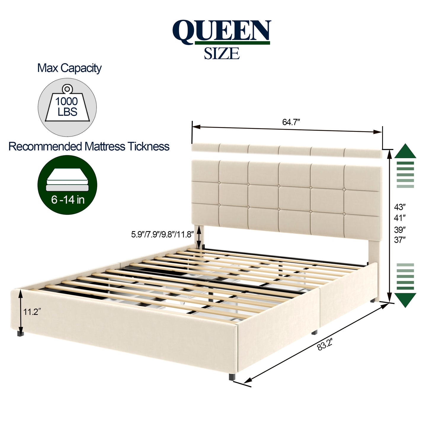 Vera Queen Ivory Velvet Upholstered Platform Bed  w/ Storage
