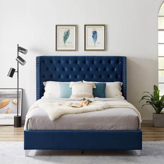 B100S Queen bed, Button designed Headboard,strong wooden slats + metal legs with Electroplate