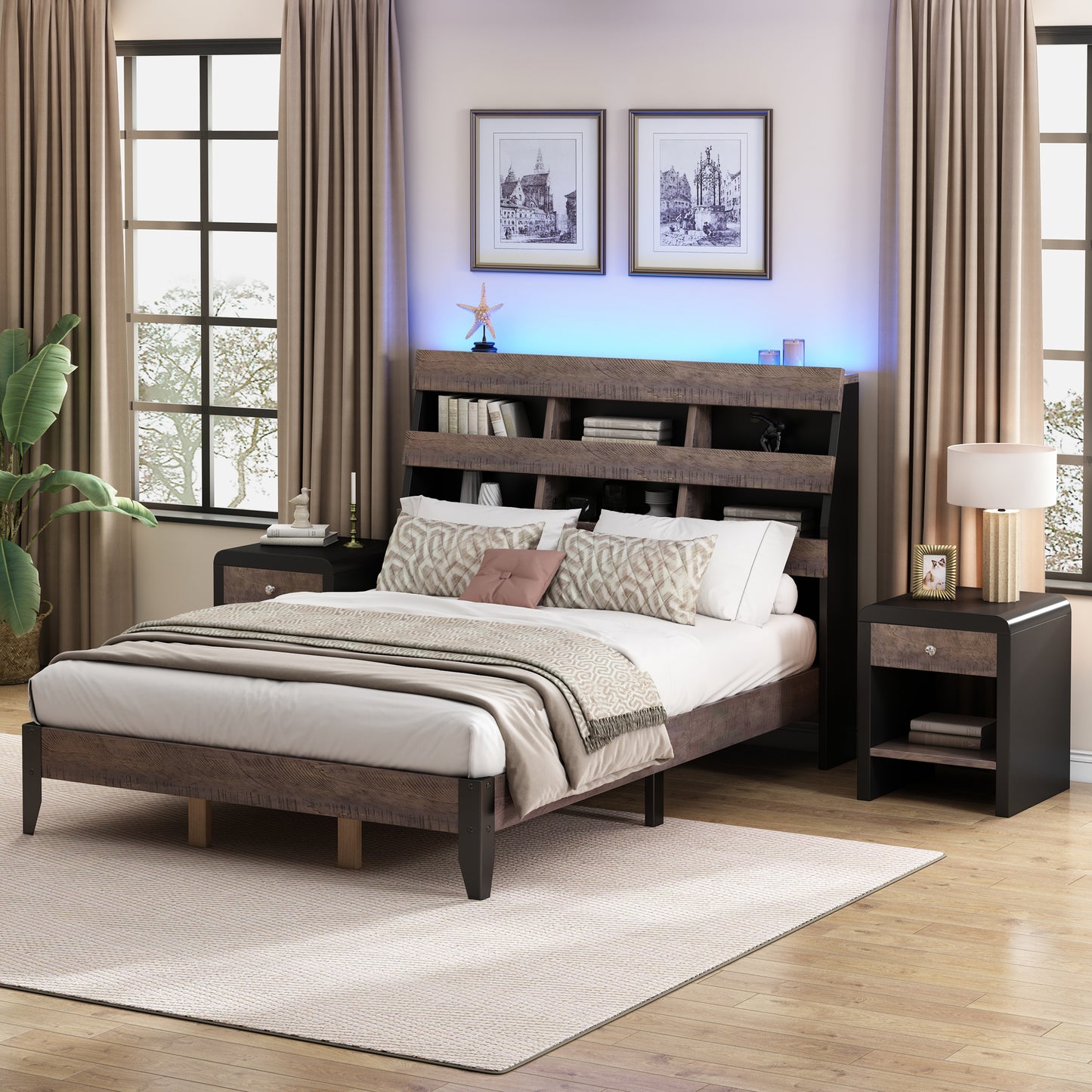 Mid Century Modern Style Queen Bed Frame with Bookshelf and LED Lights and USB Port and Two Nightstands, Walnut and Black