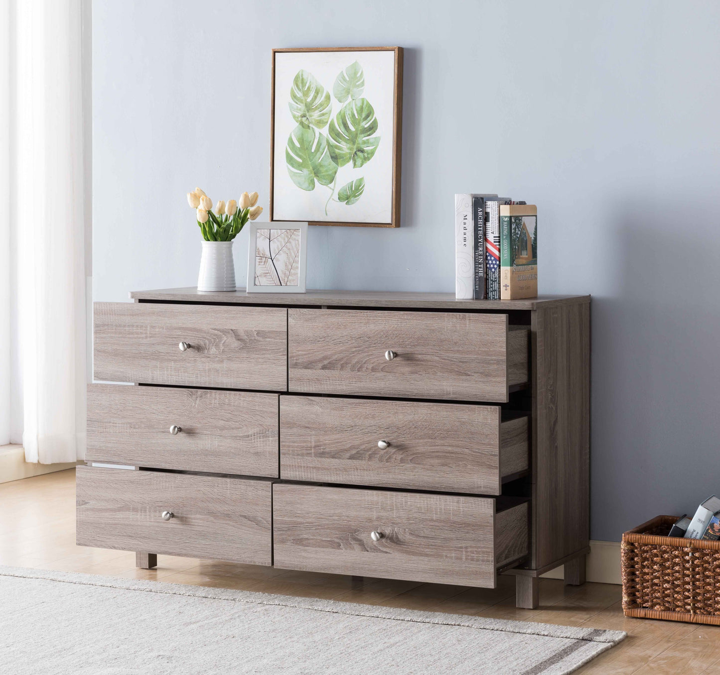 Dresser Six Drawers with Metal Knob Handles - Brown