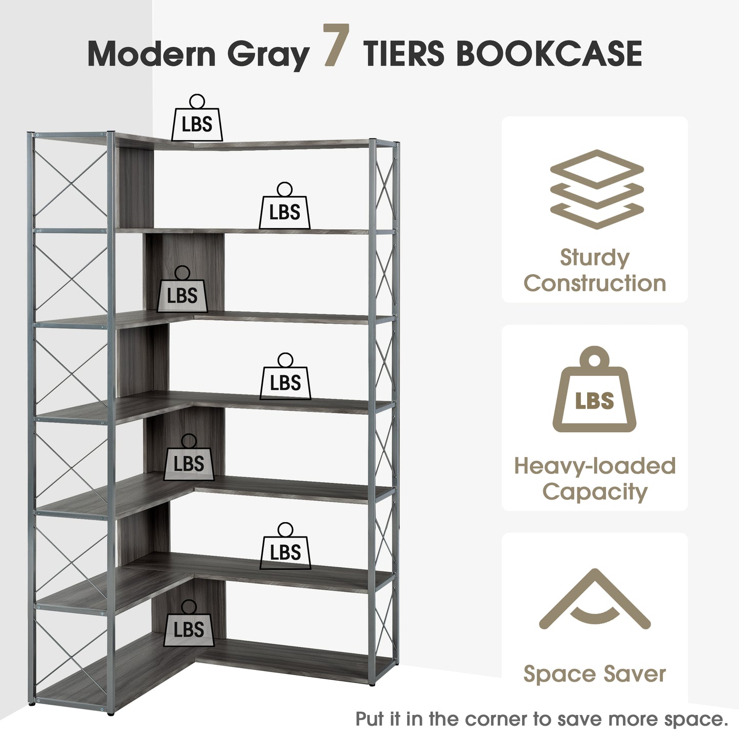 Garmin Silver+Grey 7-Tier Metal Bookcase