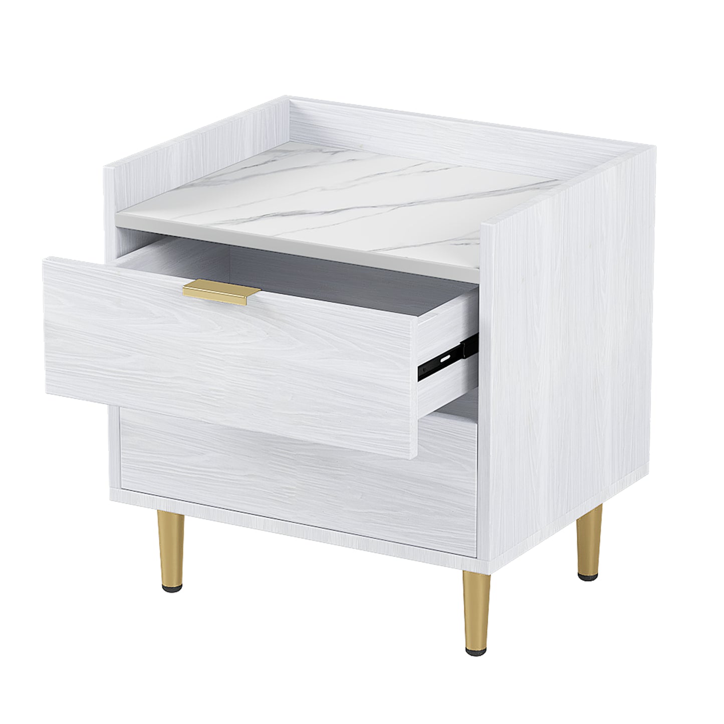 Mordern Wood Bedside Table with Metal Legs&Handles in White Finish