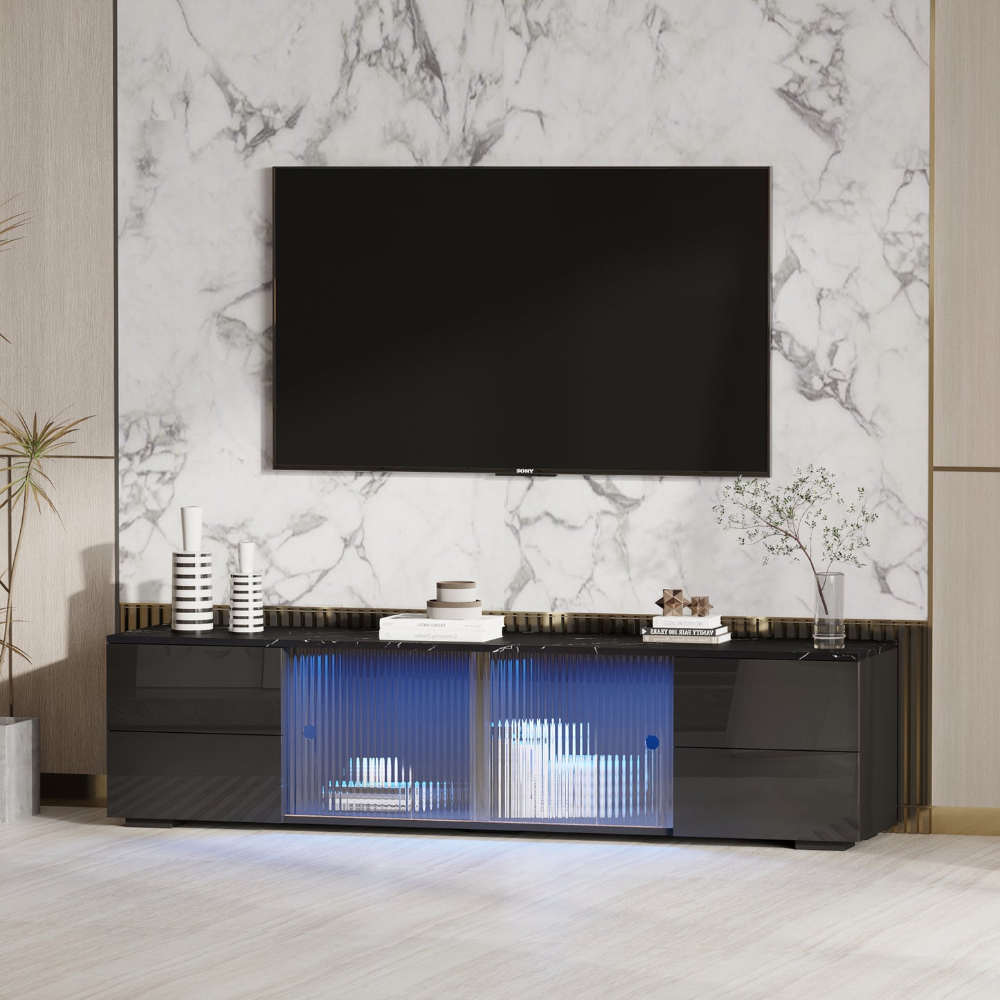 canon Tv Console in Black Finish w/ UV Drawer Panels
