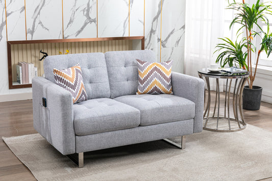 Victoria 53.5" Light Gray Linen Fabric Loveseat with Metal Legs, Side Pockets, and Pillows