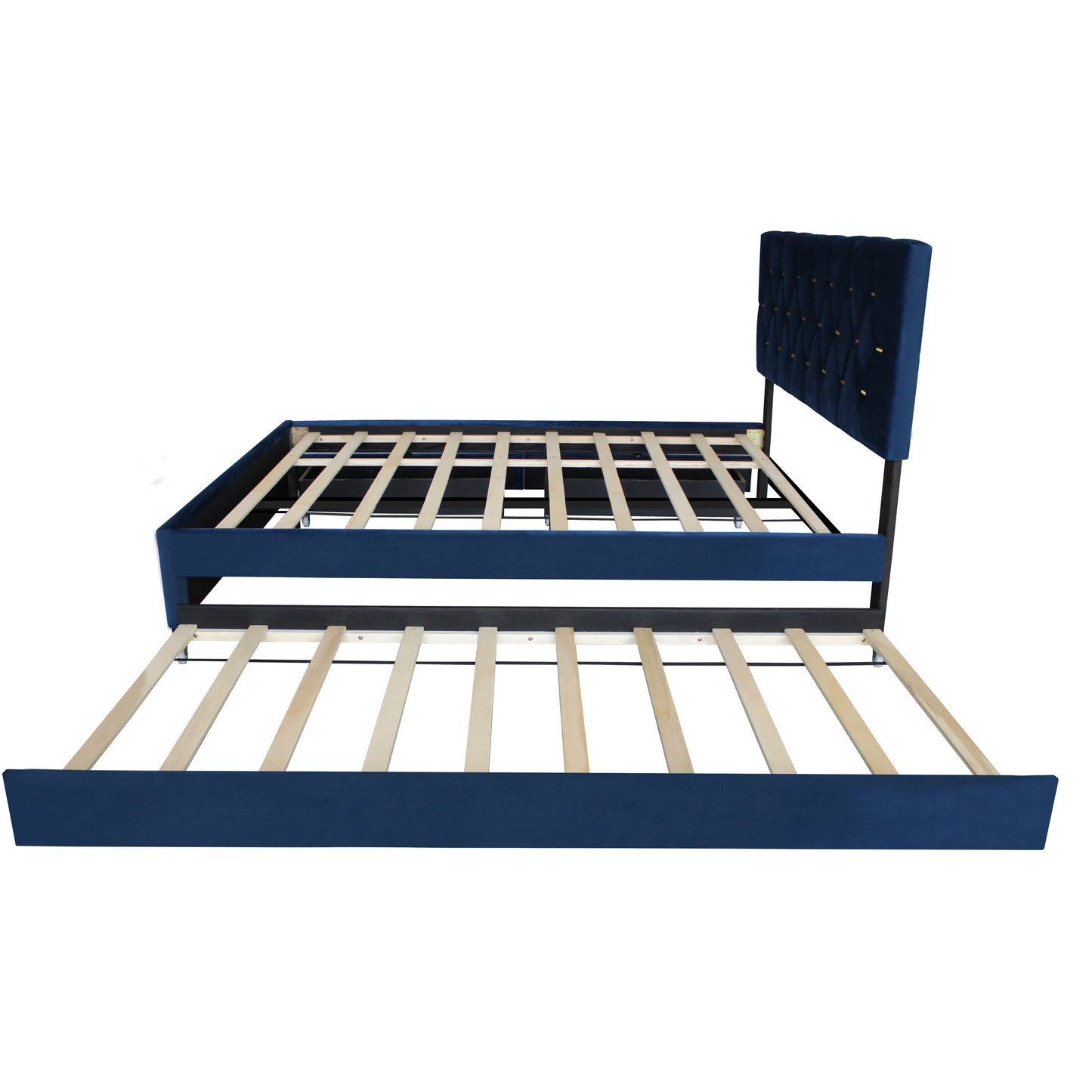 Gina Queen Bed with Trundle and Storage in Blue Fabric