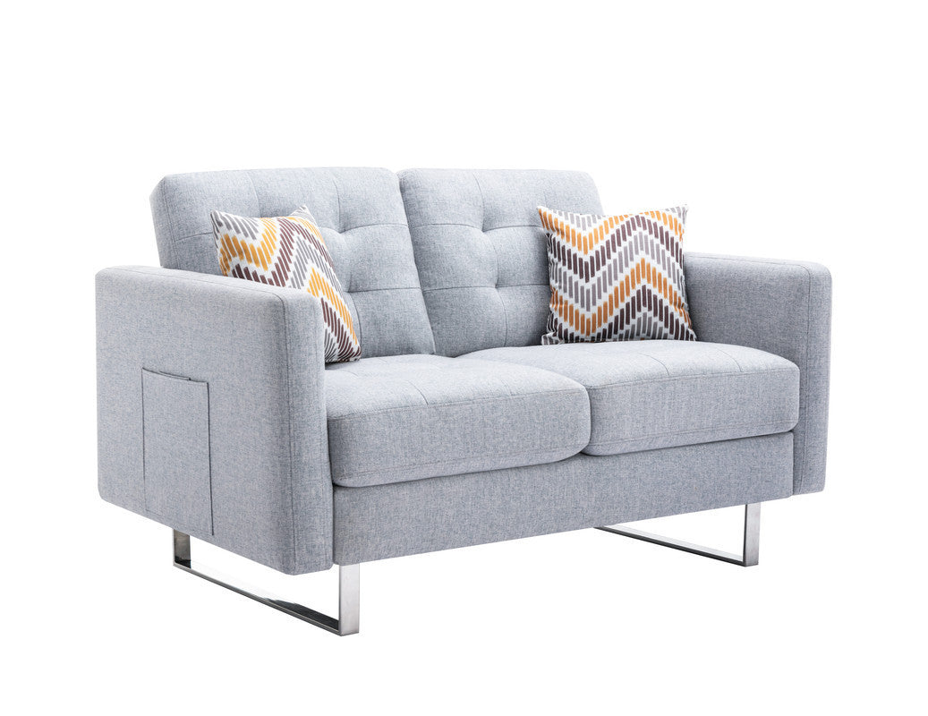 Victoria 53.5" Light Gray Linen Fabric Loveseat with Metal Legs, Side Pockets, and Pillows