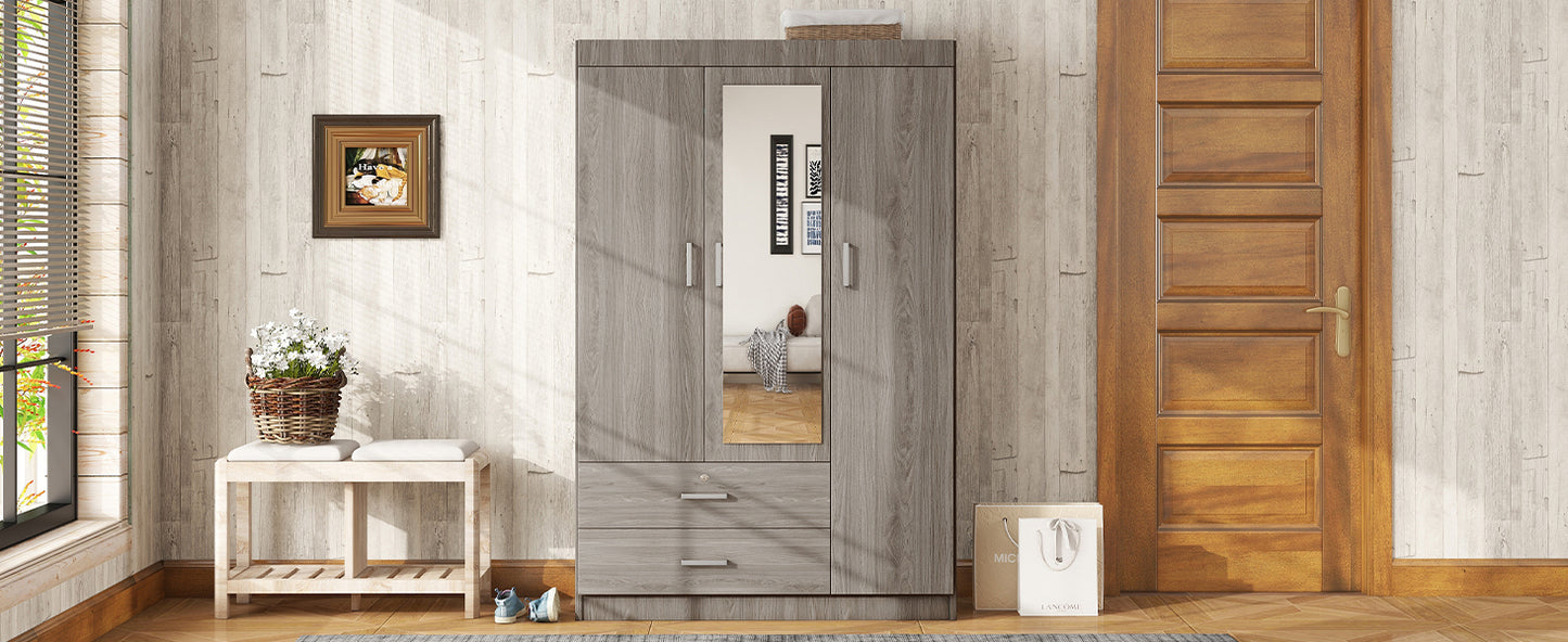 3-Door Mirror Wardrobe with (2) Drawers in Gray