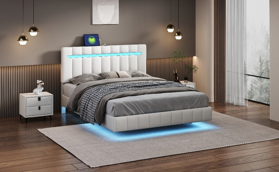 Clara Queen Size Floating Bed Frame with LED Lights and USB Charging