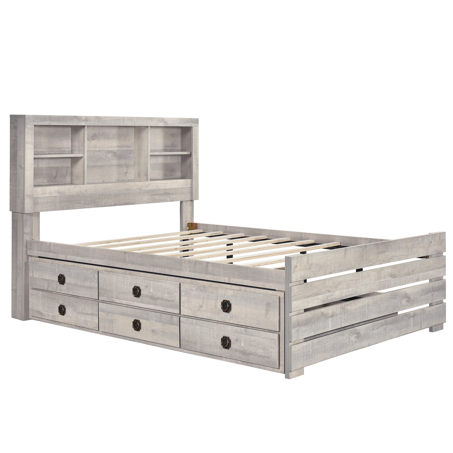 Brazen Farmhouse Style Full Size Bookcase Captain Bed and Nightstand in Rustic White