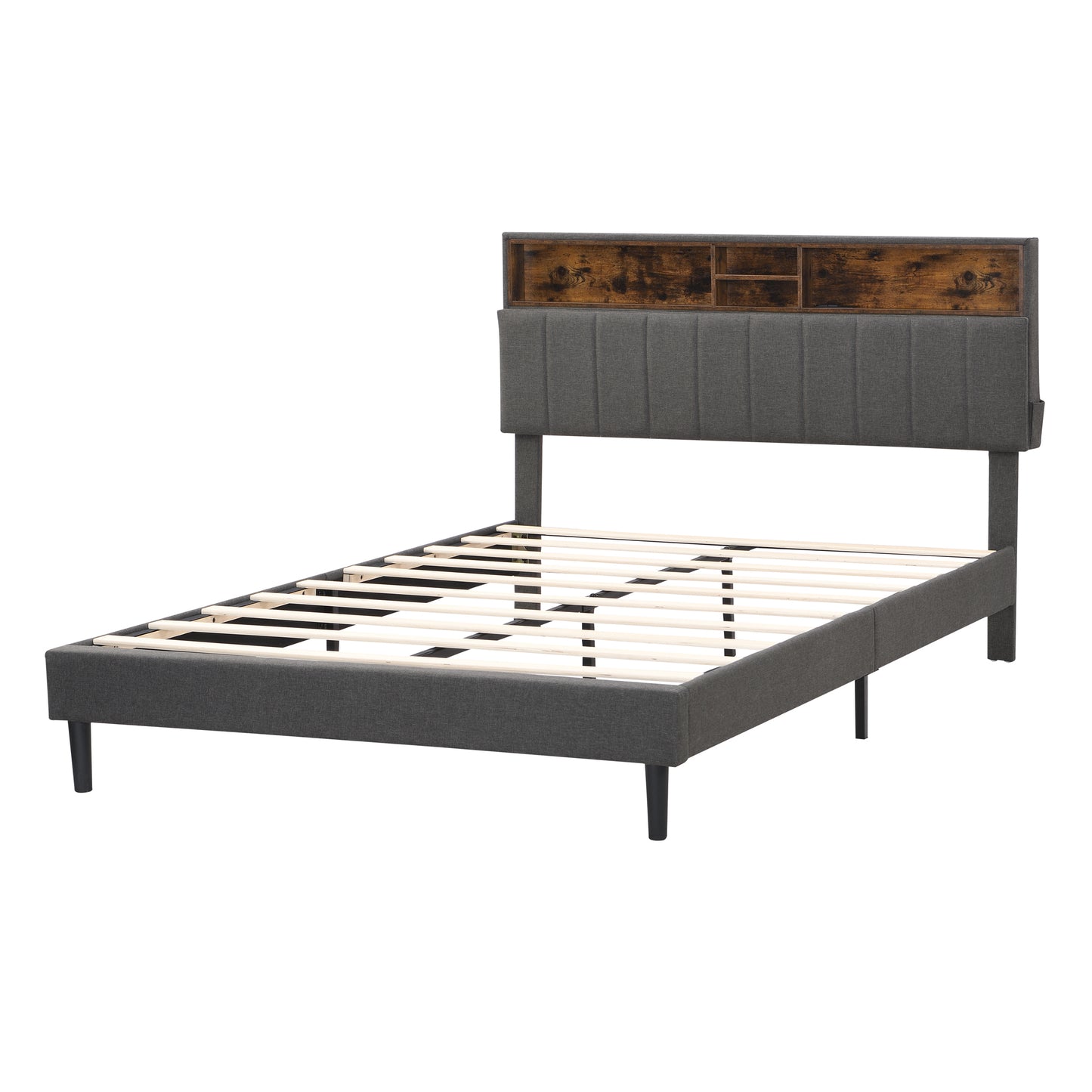 Henson Queen Size Upholstered Platform Bed with Storage Headboard and USB Port