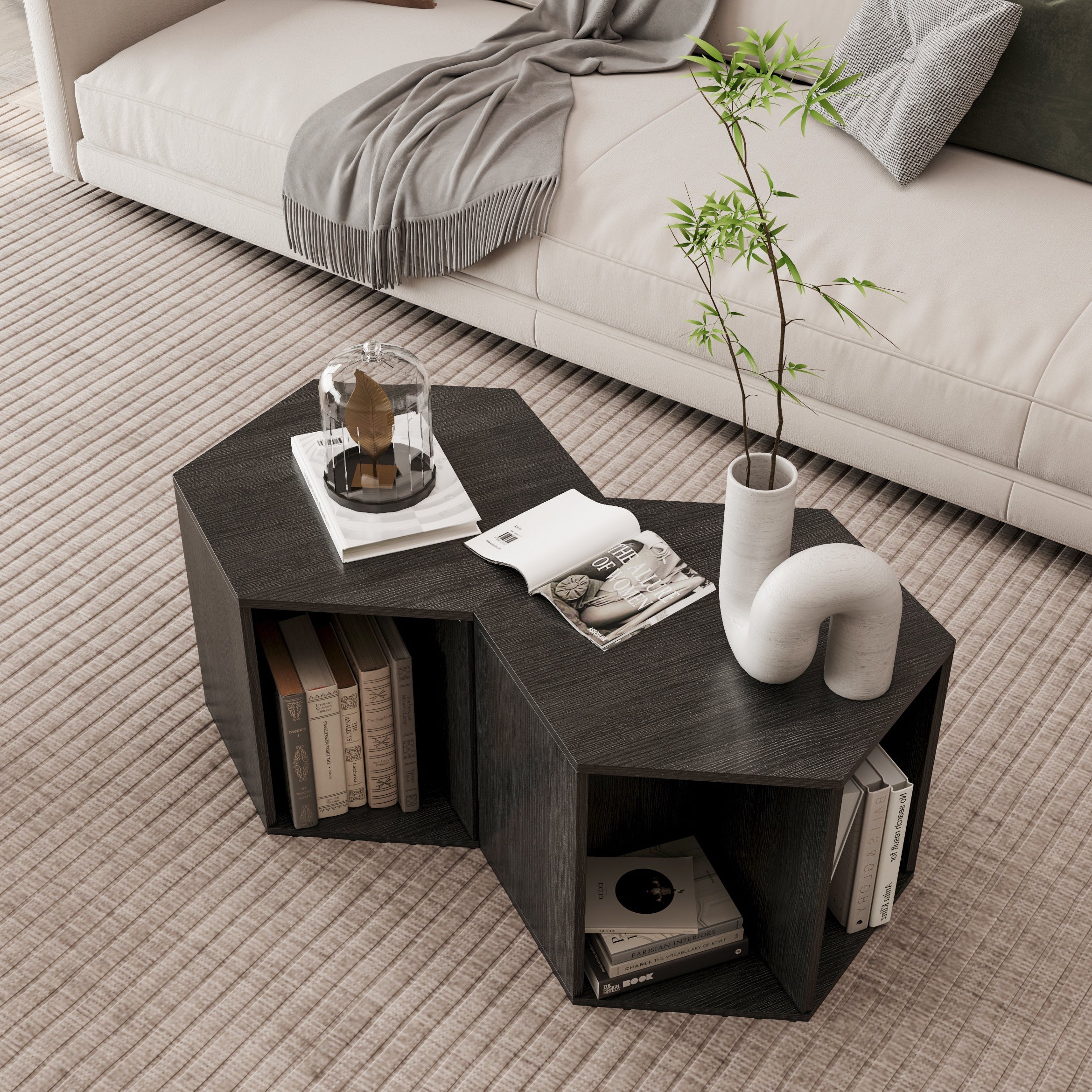 Hexagonal Coffee Table Set in Black / Brown Finish