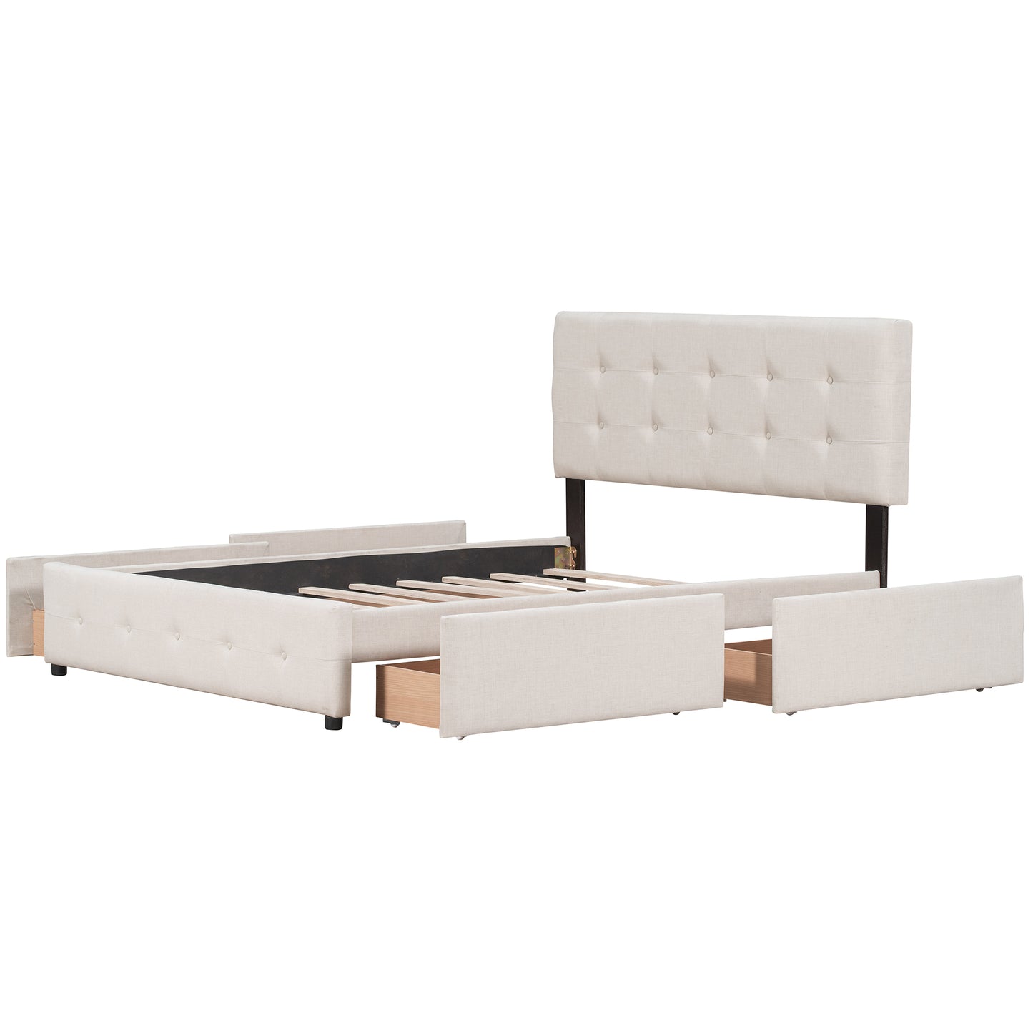 Upholstered Platform Bed with Classic Headboard and 4 Drawers