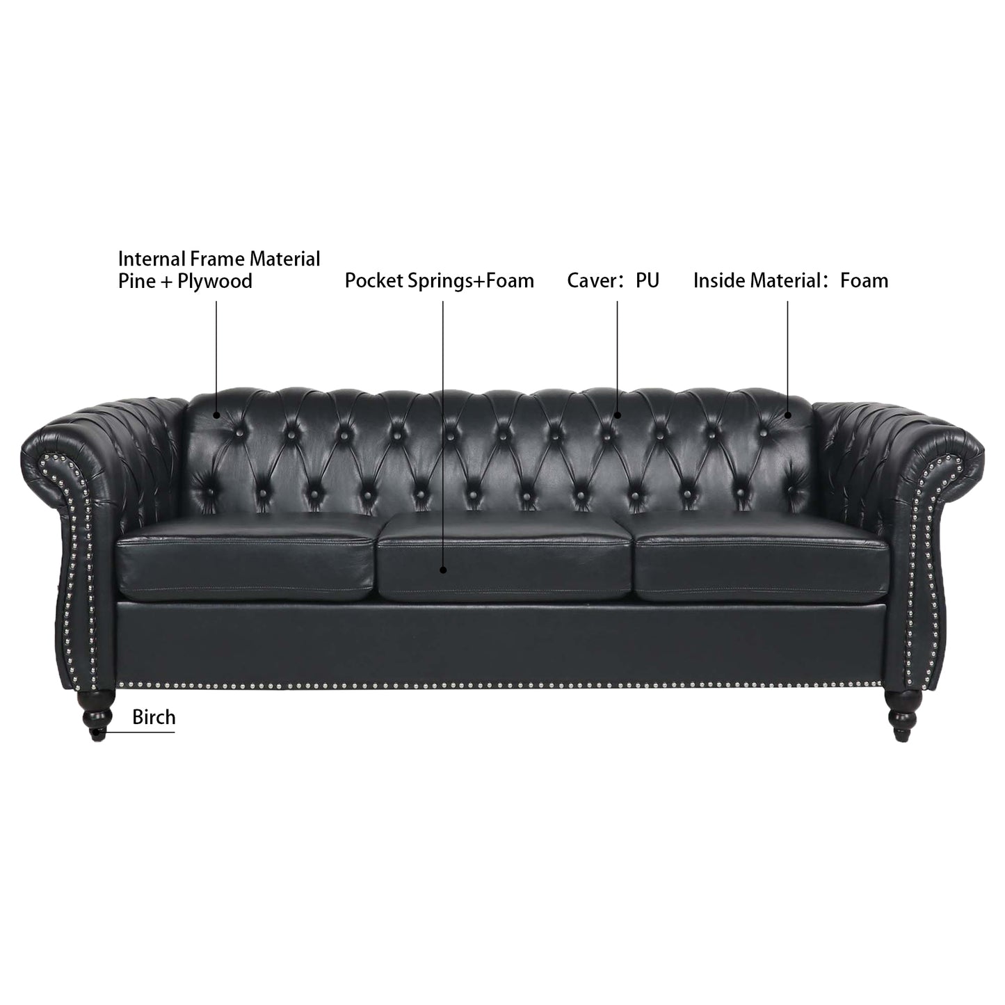 Chesterfield Three Seater Sofa in Black Leather