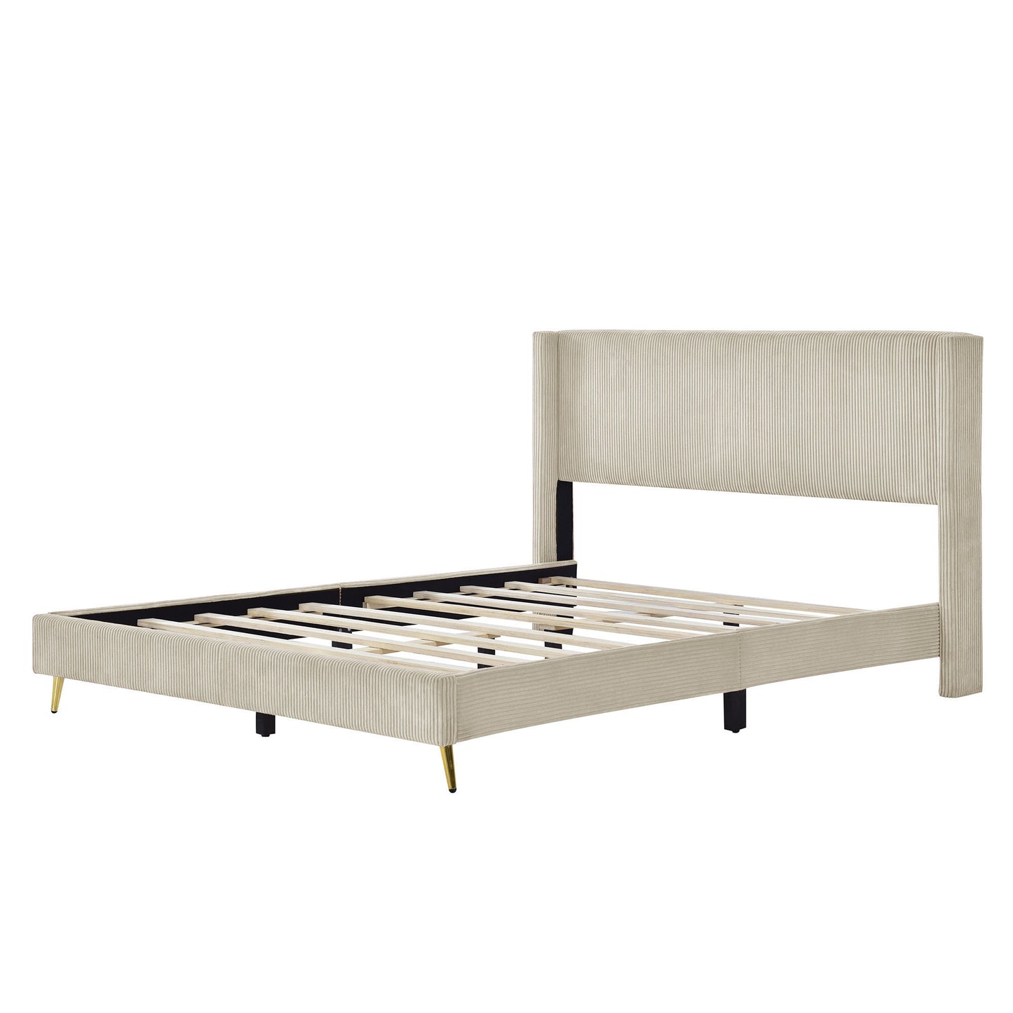 Queen Size Corduroy Platform Bed with Metal Legs in Beige