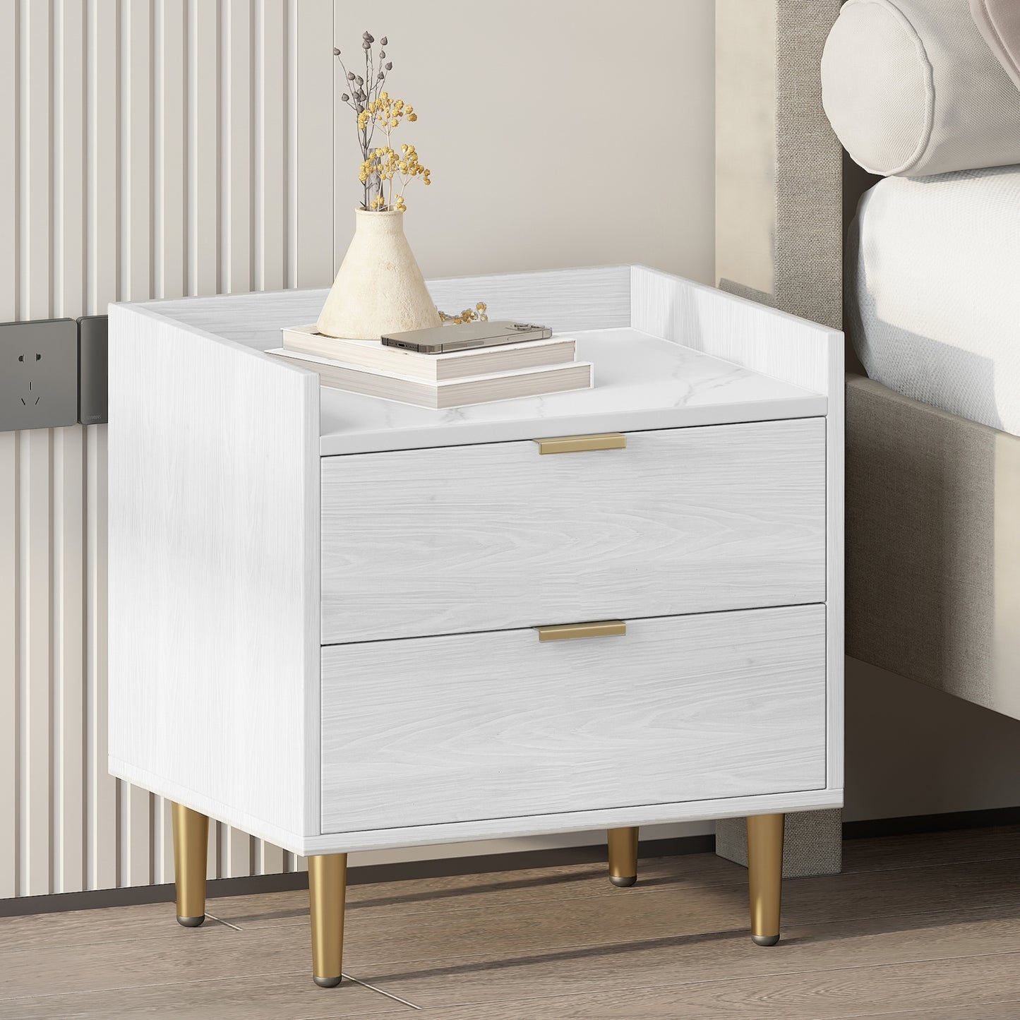 Mordern Wood Bedside Table with Metal Legs&Handles in White Finish