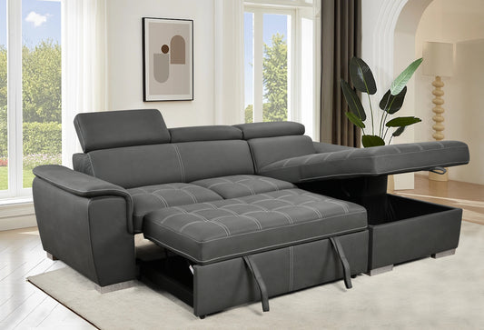 Conner 97 inch Convertible Sectional Sofa with Storage Chaise and Adjustable Headrests.