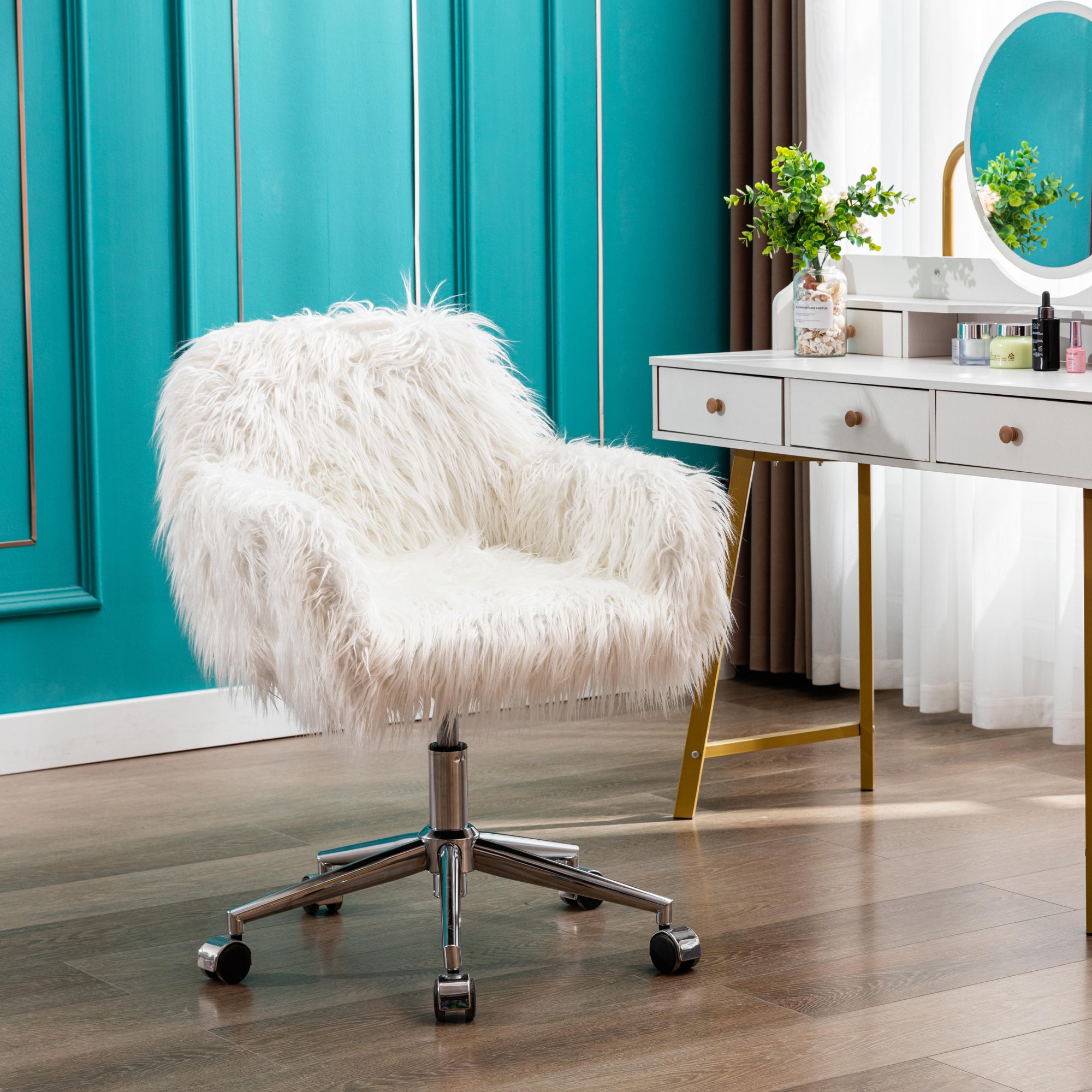 Luna Modern Faux Fur Office Chair, Fluffy Vanity Chair for Girls
