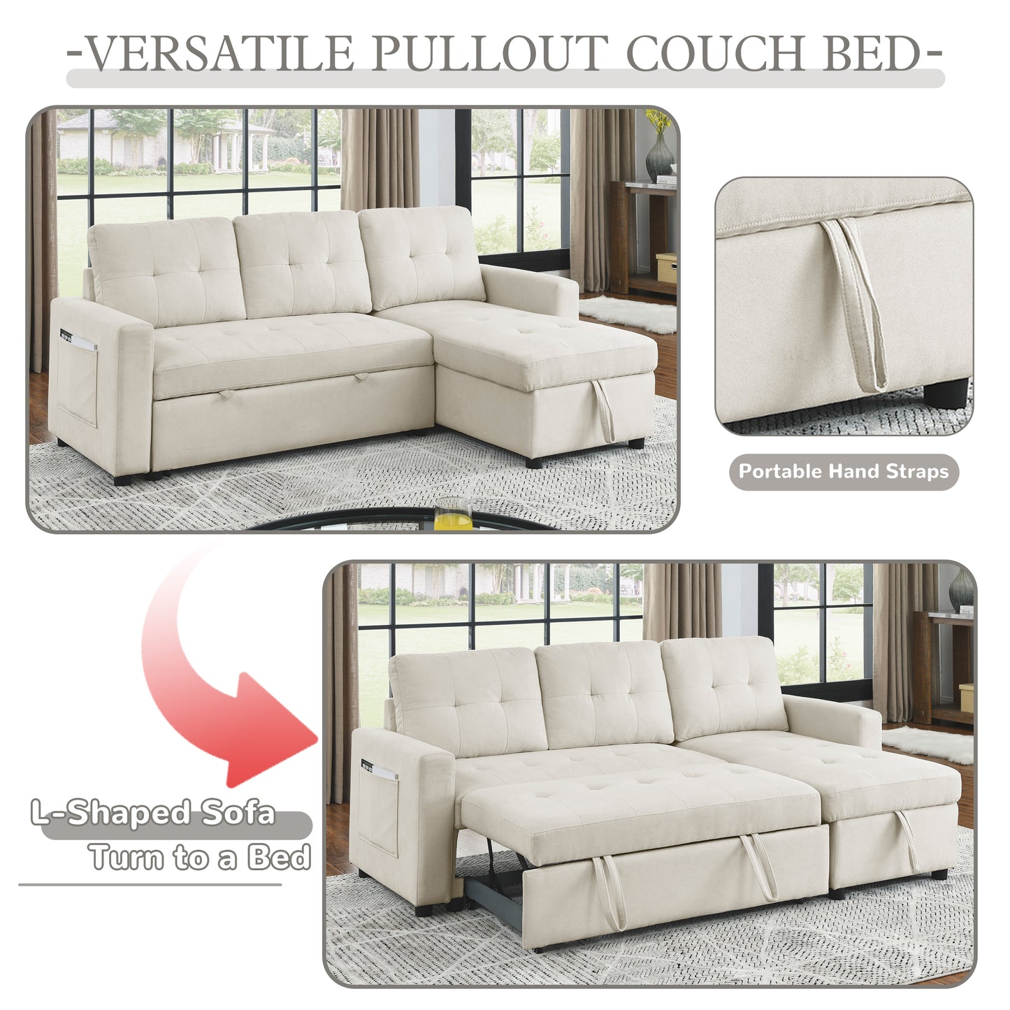 Monsoon Beige Sleeper Sofa Bed Reversible Sectional Couch with Storage Chaise