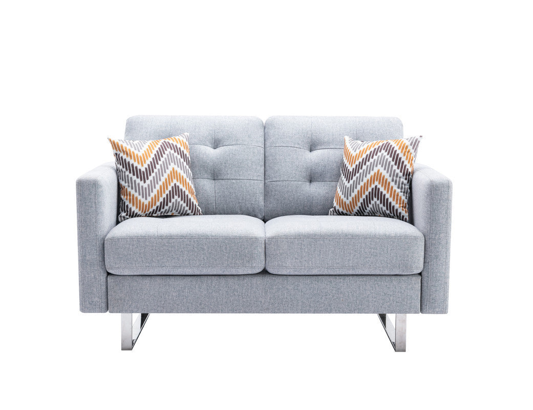 Victoria 53.5" Light Gray Linen Fabric Loveseat with Metal Legs, Side Pockets, and Pillows