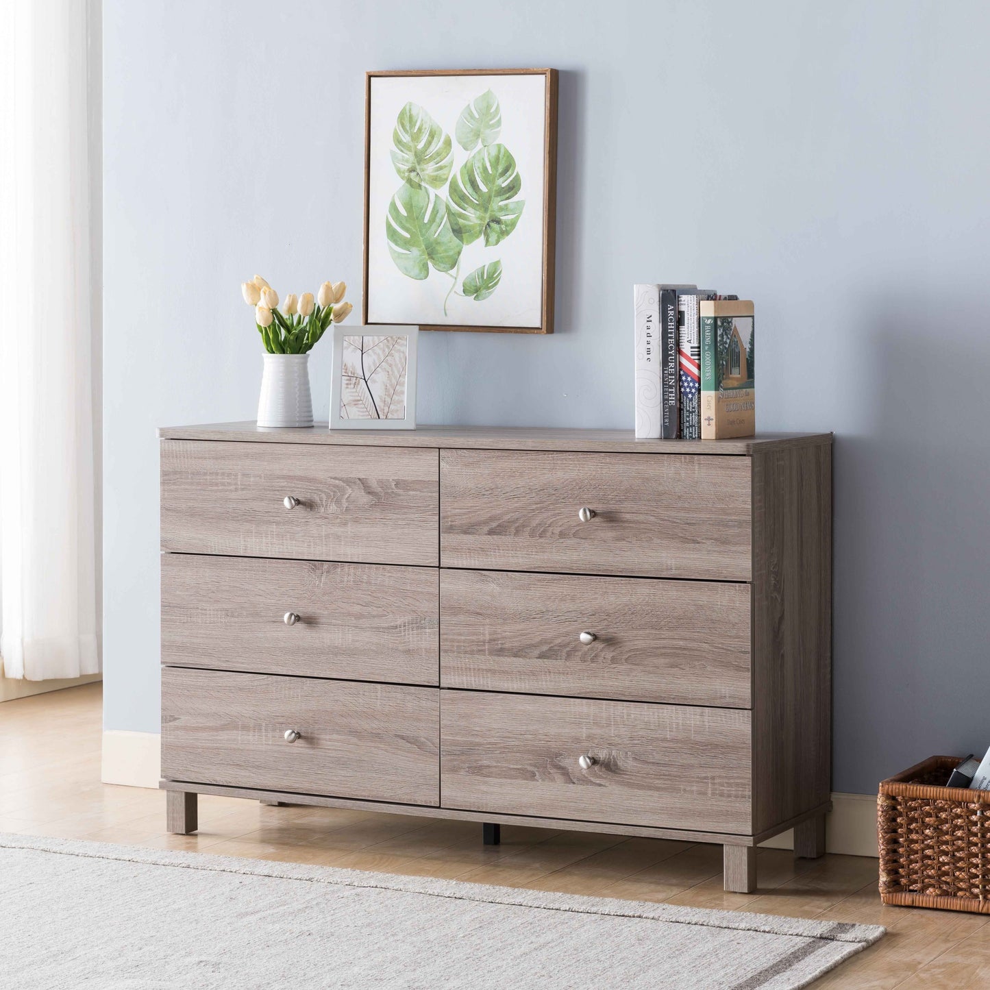 Dresser Six Drawers with Metal Knob Handles - Brown