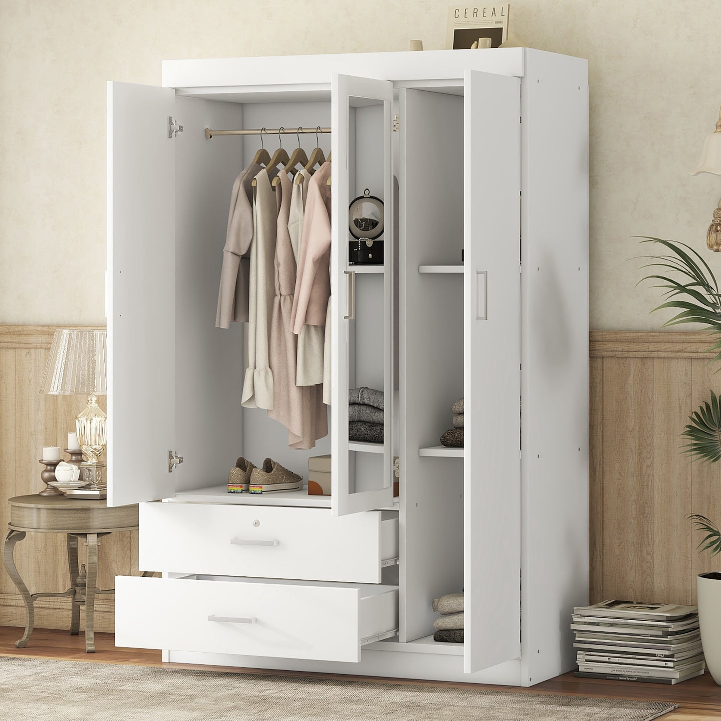 3-Door Mirror Wardrobe with shelves in White