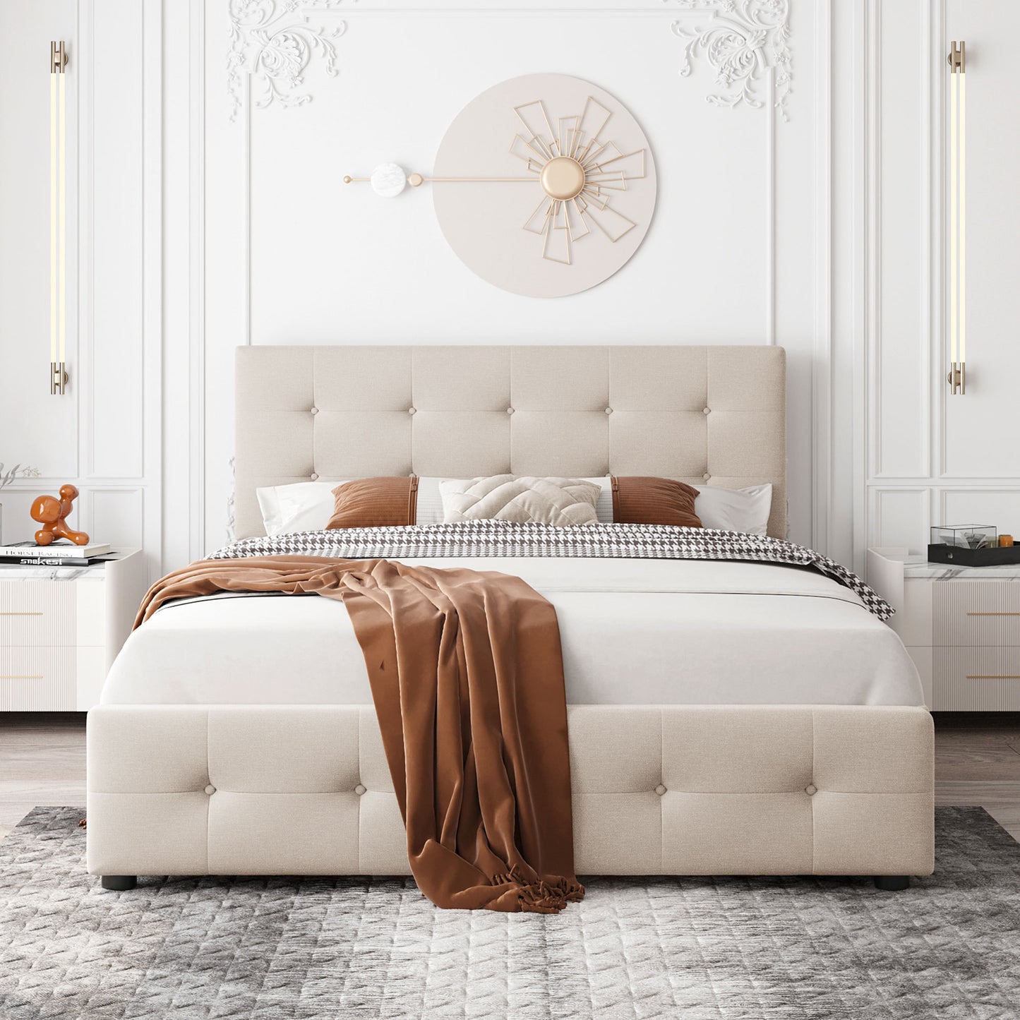 Upholstered Platform Bed with Classic Headboard and 4 Drawers