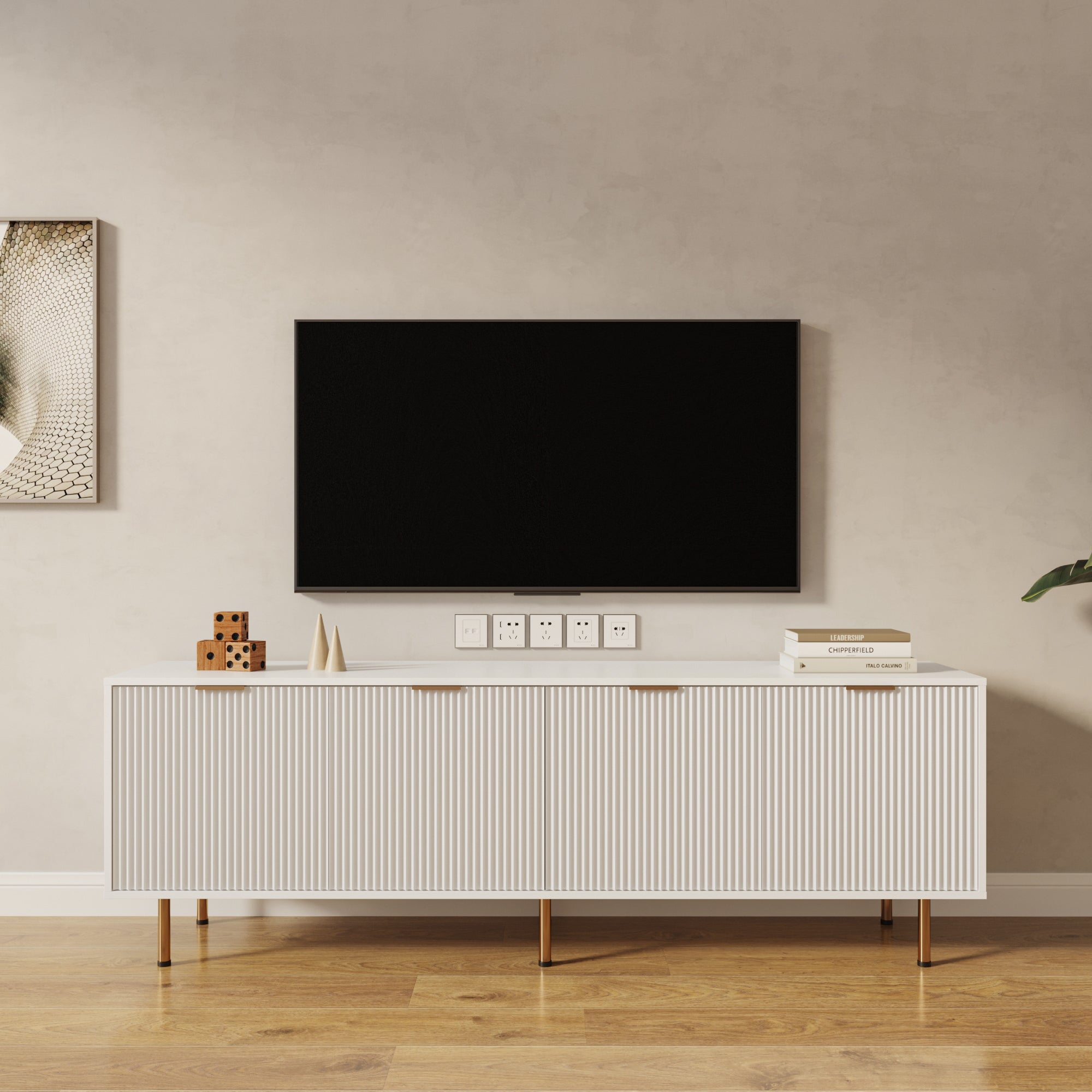 Solara Warm White TV Stand for 80 Inch TV, Modern Cabinet