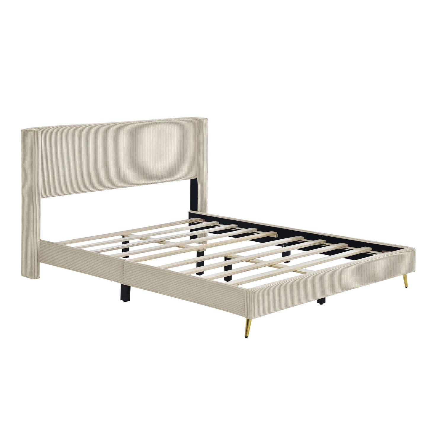 Queen Size Corduroy Platform Bed with Metal Legs in Beige