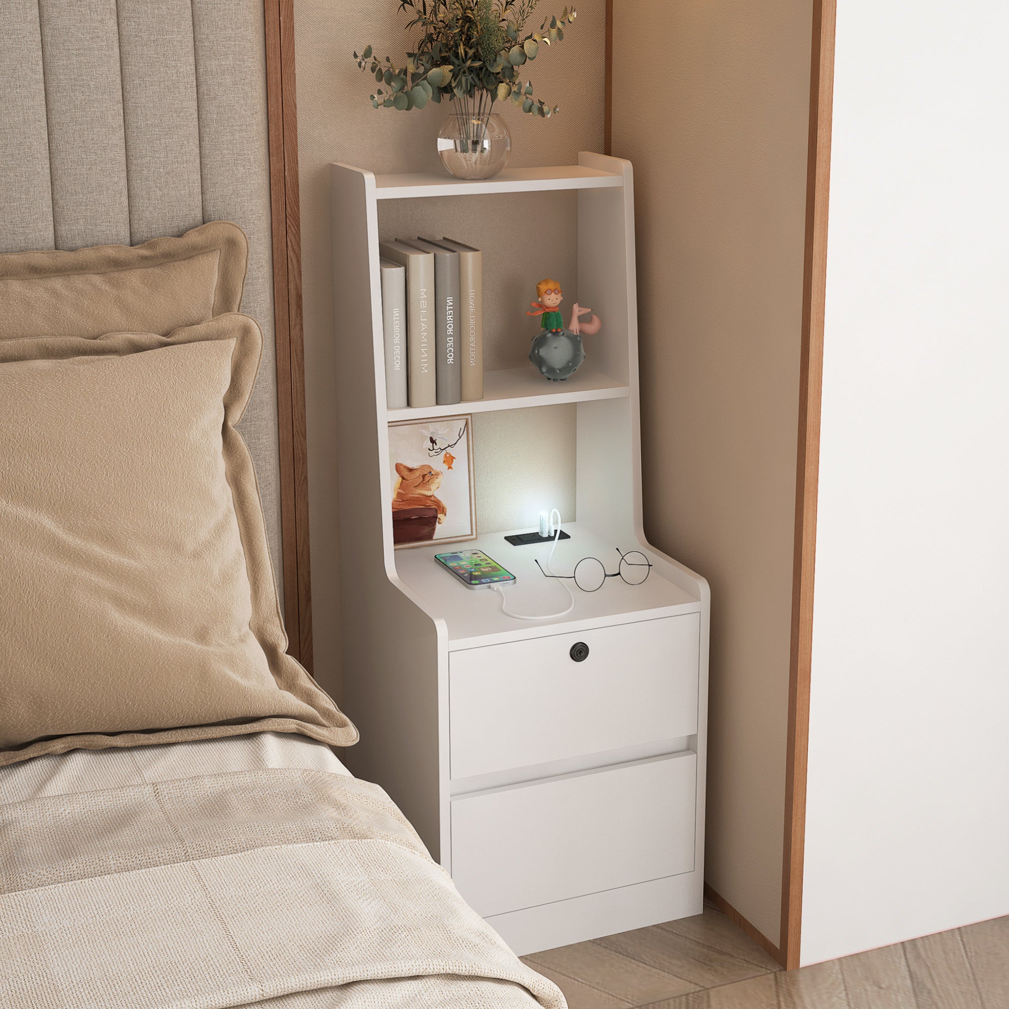 Metro Nightstand with Charging Station in White Finish