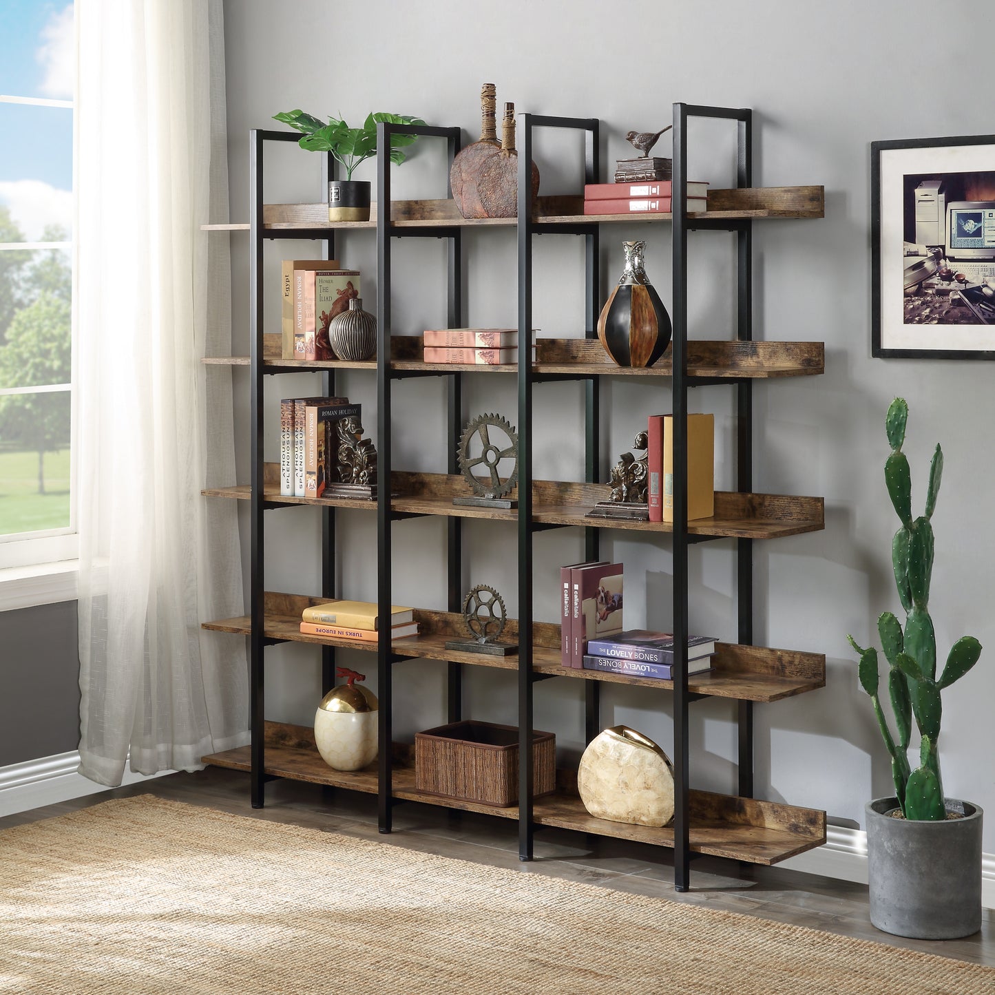 Vintage Industrial 5-Tier Bookcase in Brown Finish