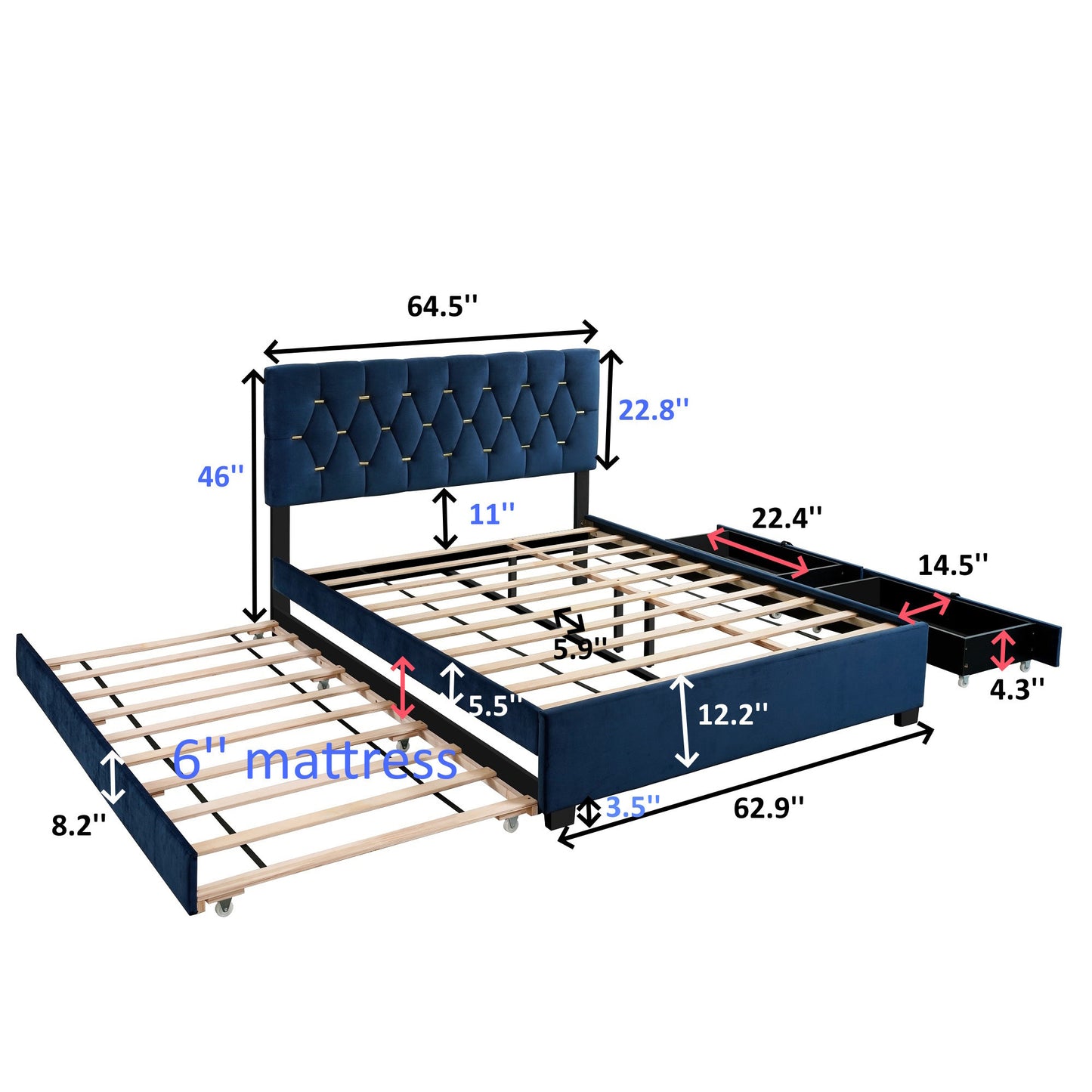 Gina Queen Bed with Trundle and Storage in Blue Fabric