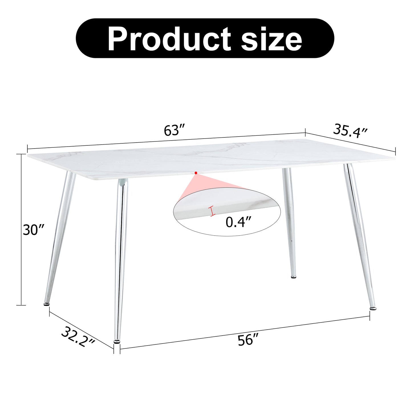 minimalist rectangular dining table with 0.4 inch white imitation marble tabletop