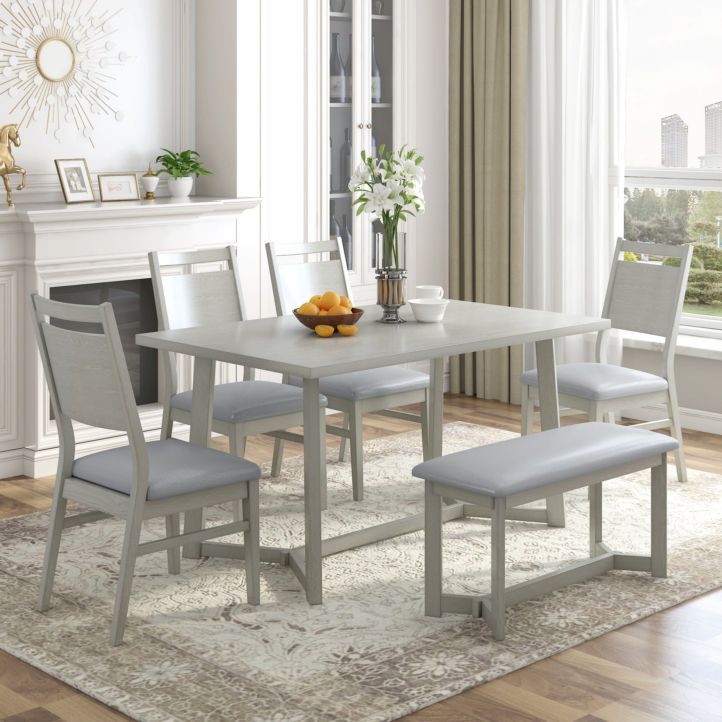 Whittland Farmhouse 6-Piece Wood Dining Table Set in Grey finish